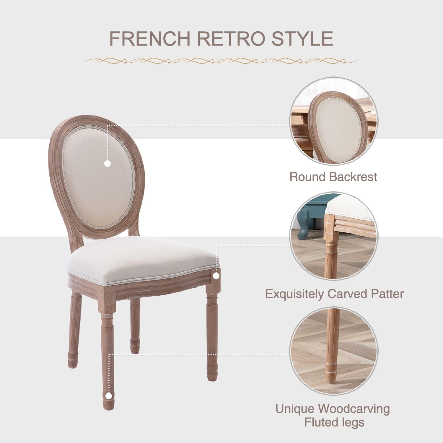 French Country Dining Chairs Set of 4, Vintage Louis Chairs with Curved Backrest and Beautifully Carved Solid Wood Frame Farmhouse Dining Chairs for Living Room, Kitchen, Restaurant-3