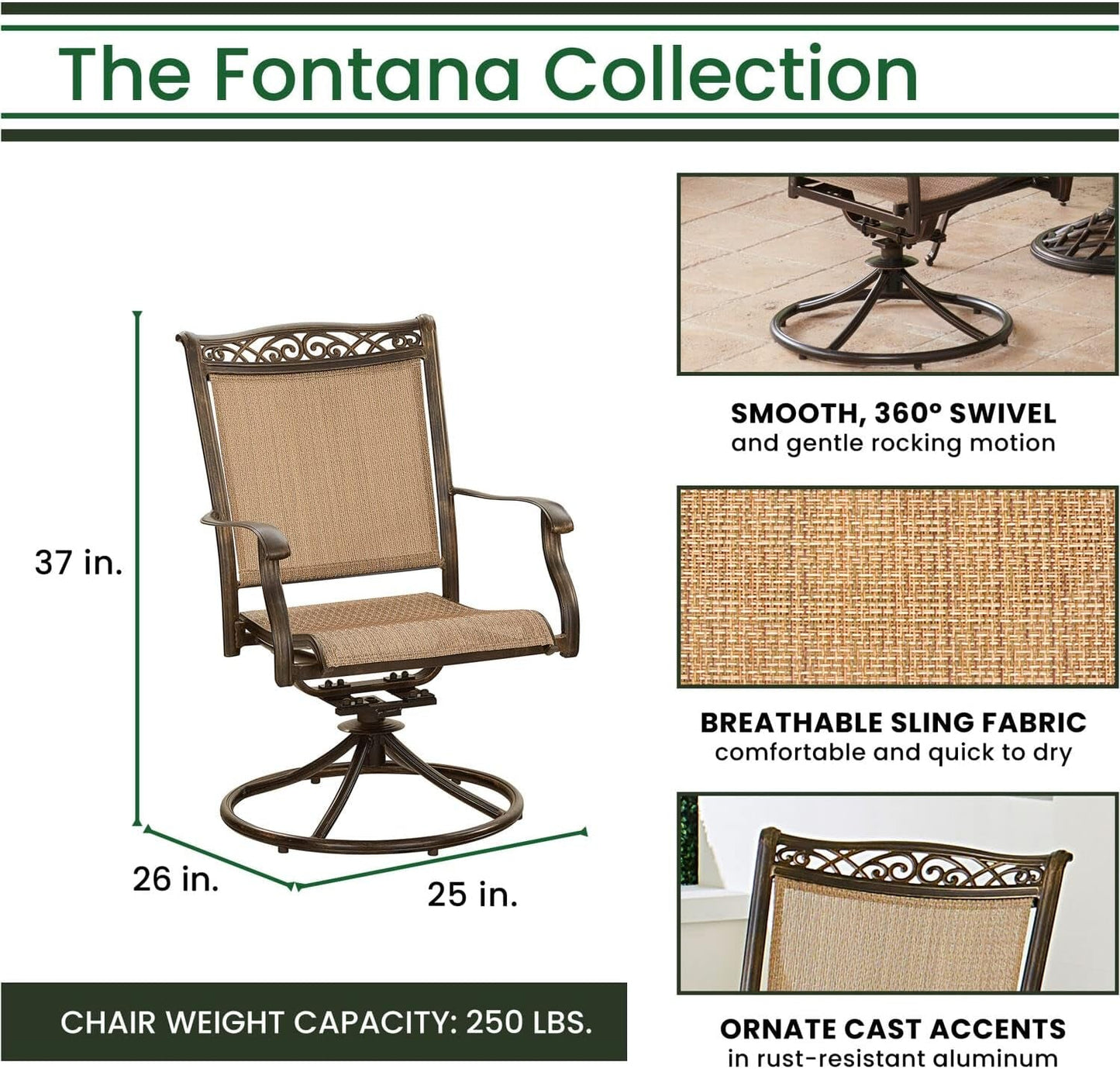 Fontana 9-Piece Outdoor Dining Set, Rust-Resistant Aluminum Outdoor Patio Dining Set for 8 with Swivel Rockers and 60" Square Cast-Top Patio Table, Perfect for Backyard, Patio, Deck, and Porch-3