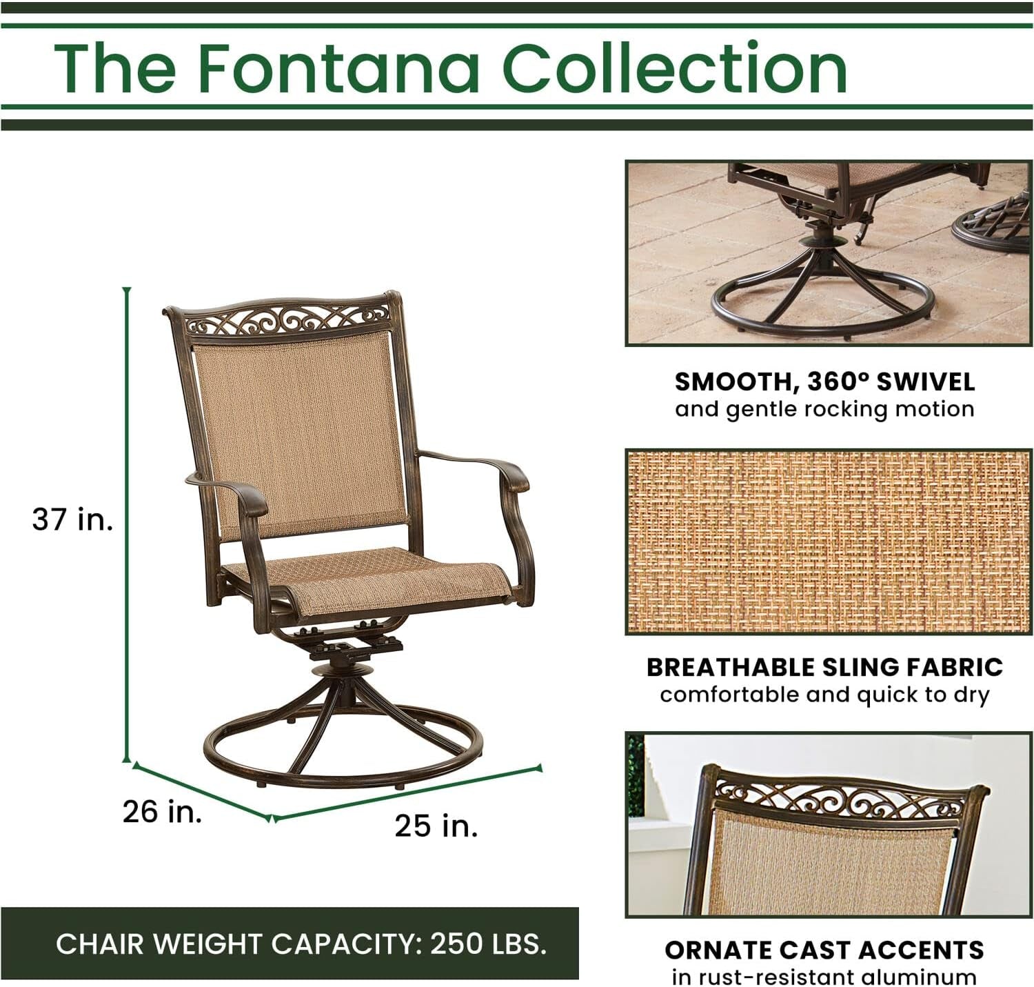 Fontana 9-Piece Outdoor Dining Set, Rust-Resistant Aluminum Outdoor Patio Dining Set for 8 with Swivel Rockers and 60" Square Cast-Top Patio Table, Perfect for Backyard, Patio, Deck, and Porch-3