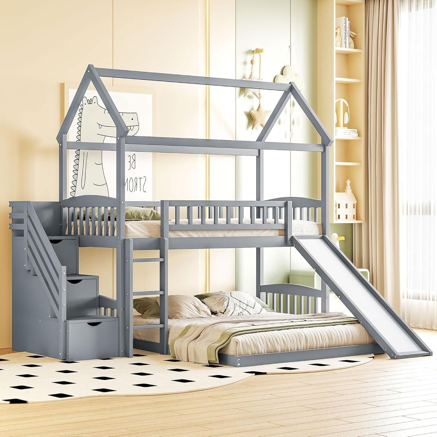 House Loft Bunk Bed Frames with Slide, Stairs and Storage Drawers No Box Spring Needed, Gray, Twin over Twin with Bottom Beds-0