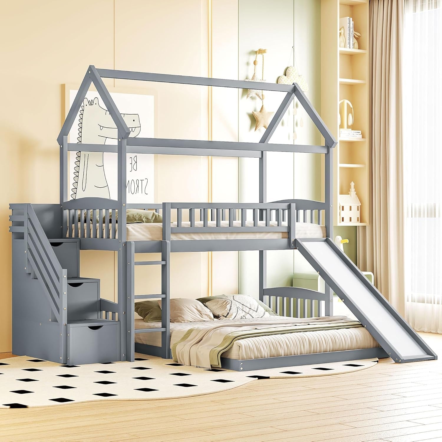 House Loft Bunk Bed Frames with Slide, Stairs and Storage Drawers No Box Spring Needed, Gray, Twin over Twin with Bottom Beds-0