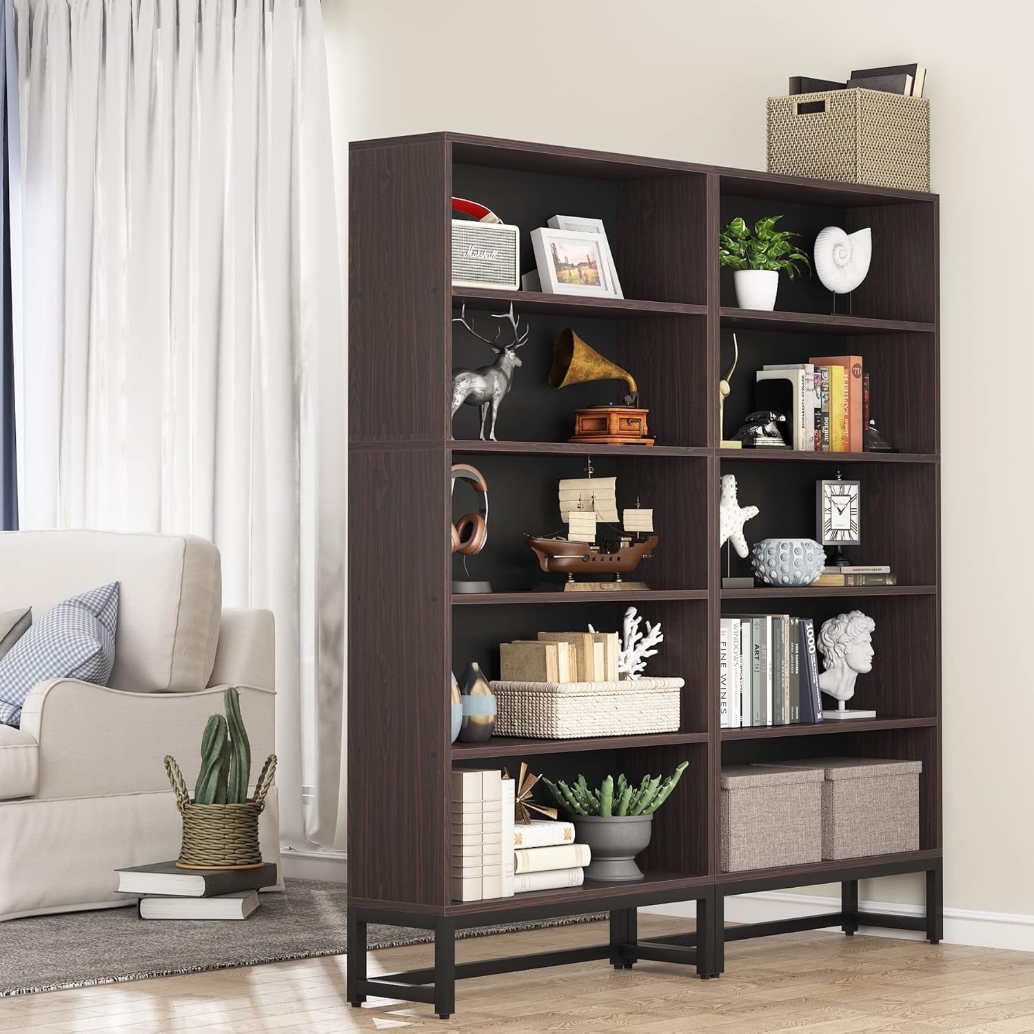 Tall Bookcase and Bookshelf, 70.8” Large Bookcases Organizer with 5-Tier Storage Shelves, Heavy Duty Free-Standing Library Bookshelf Shelving Unit for Living Room, Bedroom (Sandalwood)-4