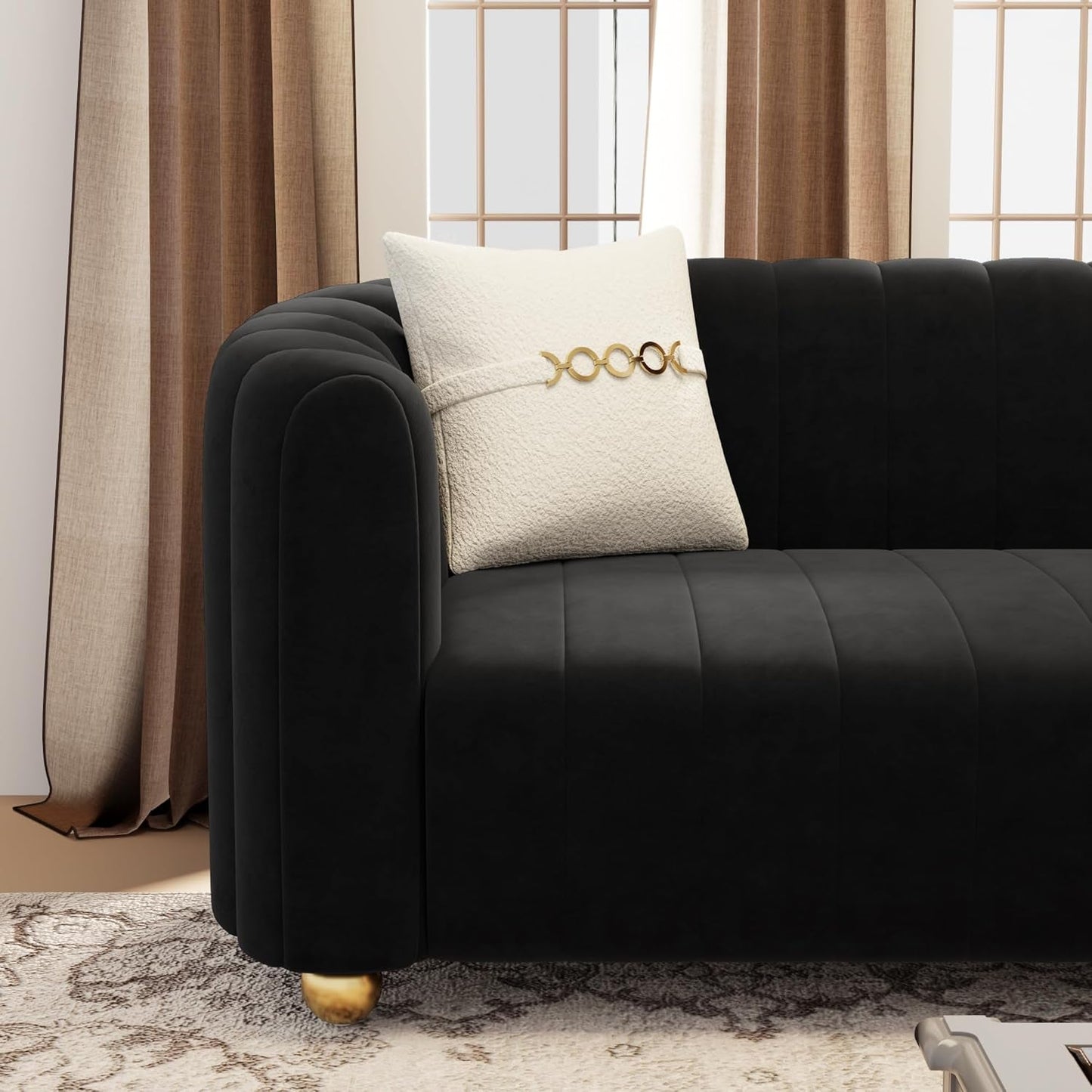 KEAI Black Velvet Tufted Sofa Set for Living Room, 3 Piece Modern Design Couch Set with Gold Metal Ball Legs, Lovely Upholstered Sherpa Furniture Set for Office (Black, 1+1+3 Set)-4