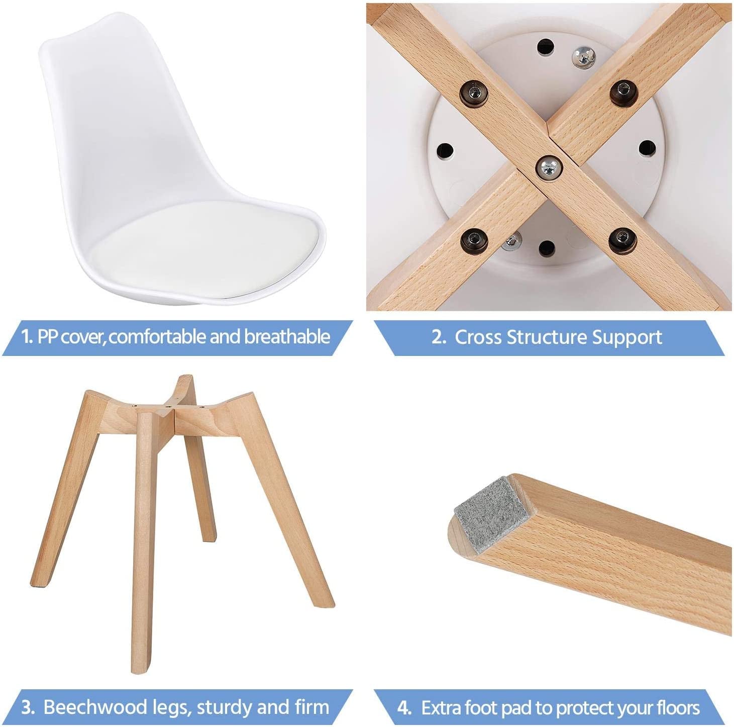 Set of 4 White DSW Accent Shell Chairs, Beech Wood Legs, Mid Century Modern Eiffel Inspired, PU Upholstered-3