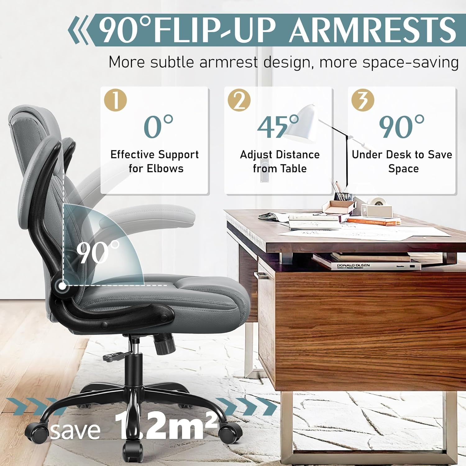Leather Office Chair, PU Home Computer Desk Chairs with Ergonomic Back Support, 360°Swivel Free，Small Gmaing Chair with Wheels and Adjustable Armrests, for Short People Use, Gray-3