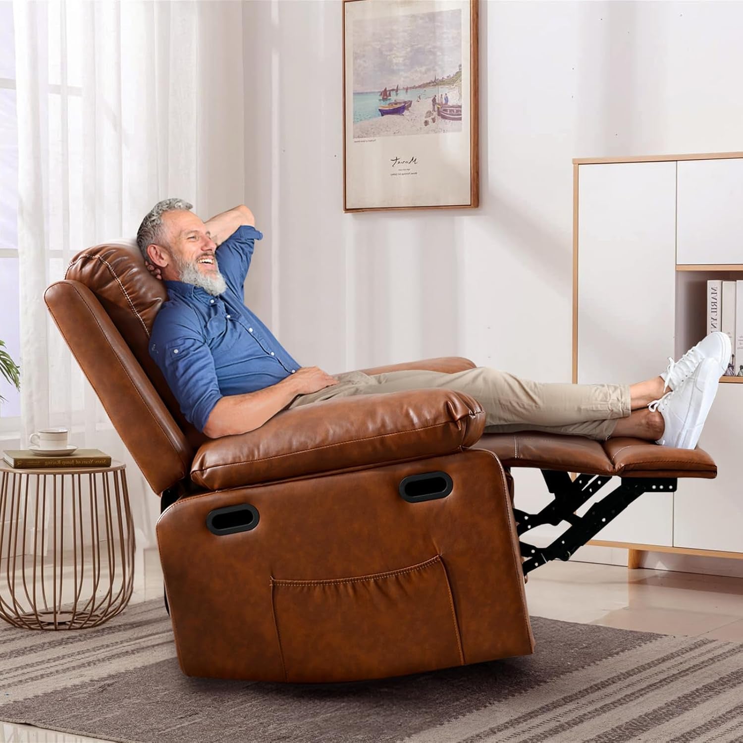 Recliner Chair with Massage and Heat, Modern Swivel Reclining Chair with Remote Control and Side Pocket, Adjustable Glider Rocker Recliner Chair for Living Room, Bedroom, Lounge, Brown-2