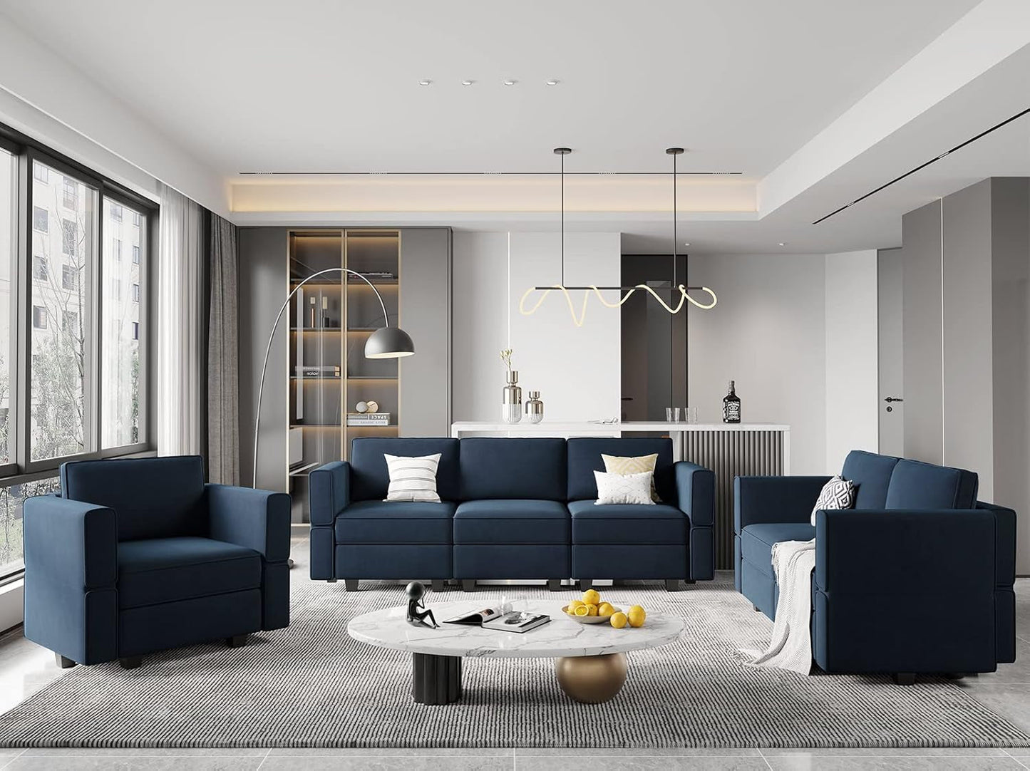 Modular Velvet Living Room Sofa Set 3 Seat Sofa Loveseat and Chair Set with Storage Seats Modular Living Room Furniture Set Blue-0