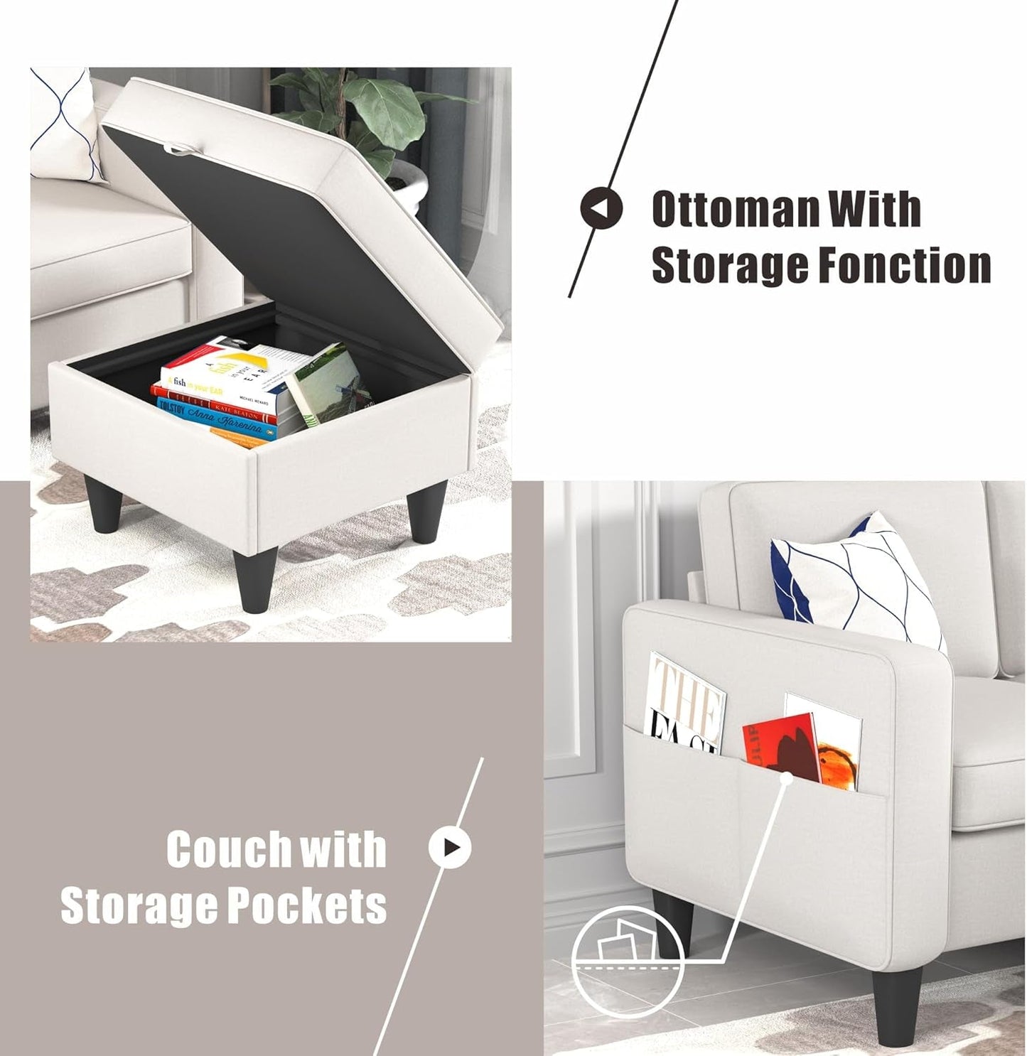 Sectional Couches for Living Room - L Shaped Couch with Storage Ottoman Beige 3 Seat Sofa Modern Futon Sleeper Sofas Furniture Set for Small Spaces Apartment Studio-3