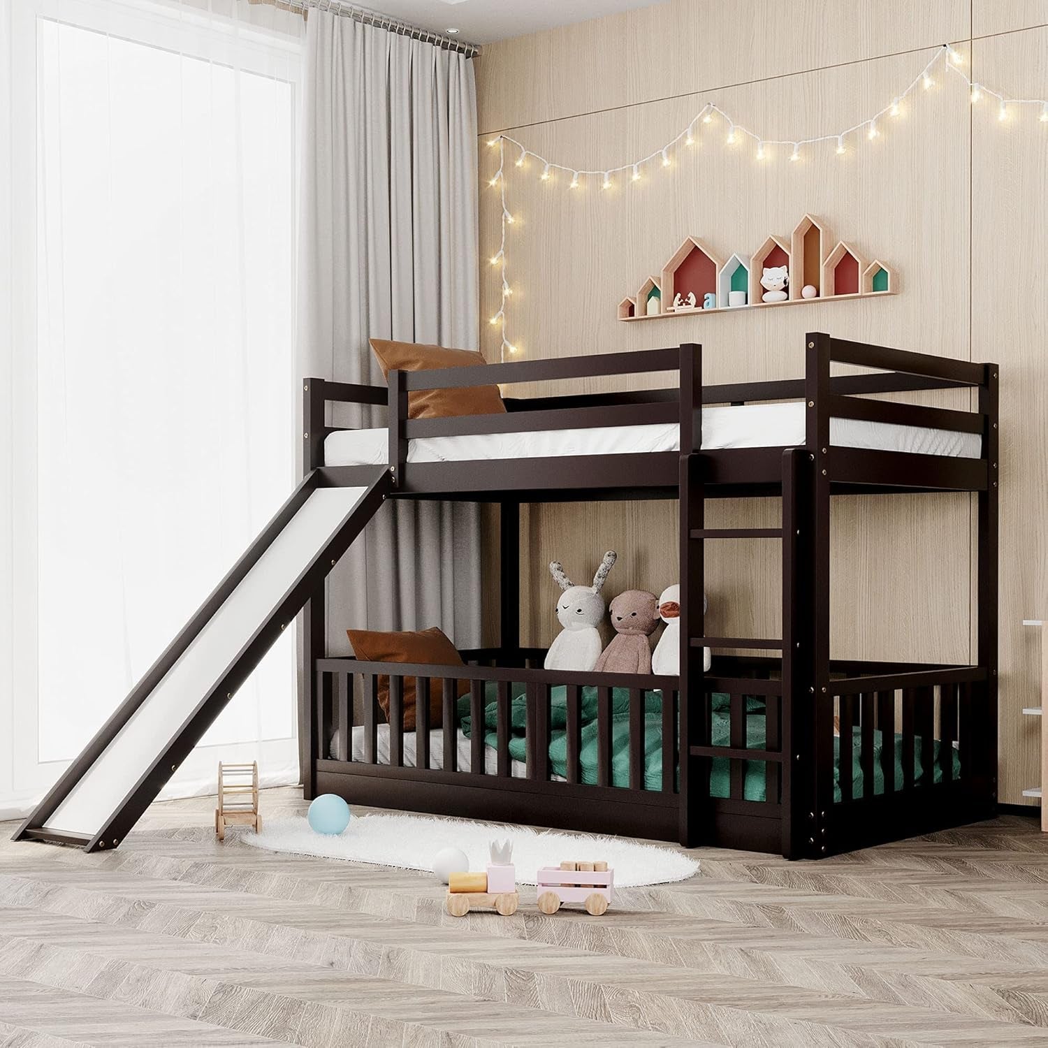 Twin over Twin Floor Bunk Bed with Slide and Ladder, Low Bunk Bed for Kids, Girls, Boys, Removable Fence, Bunk Bed with Slide, Espresso-0