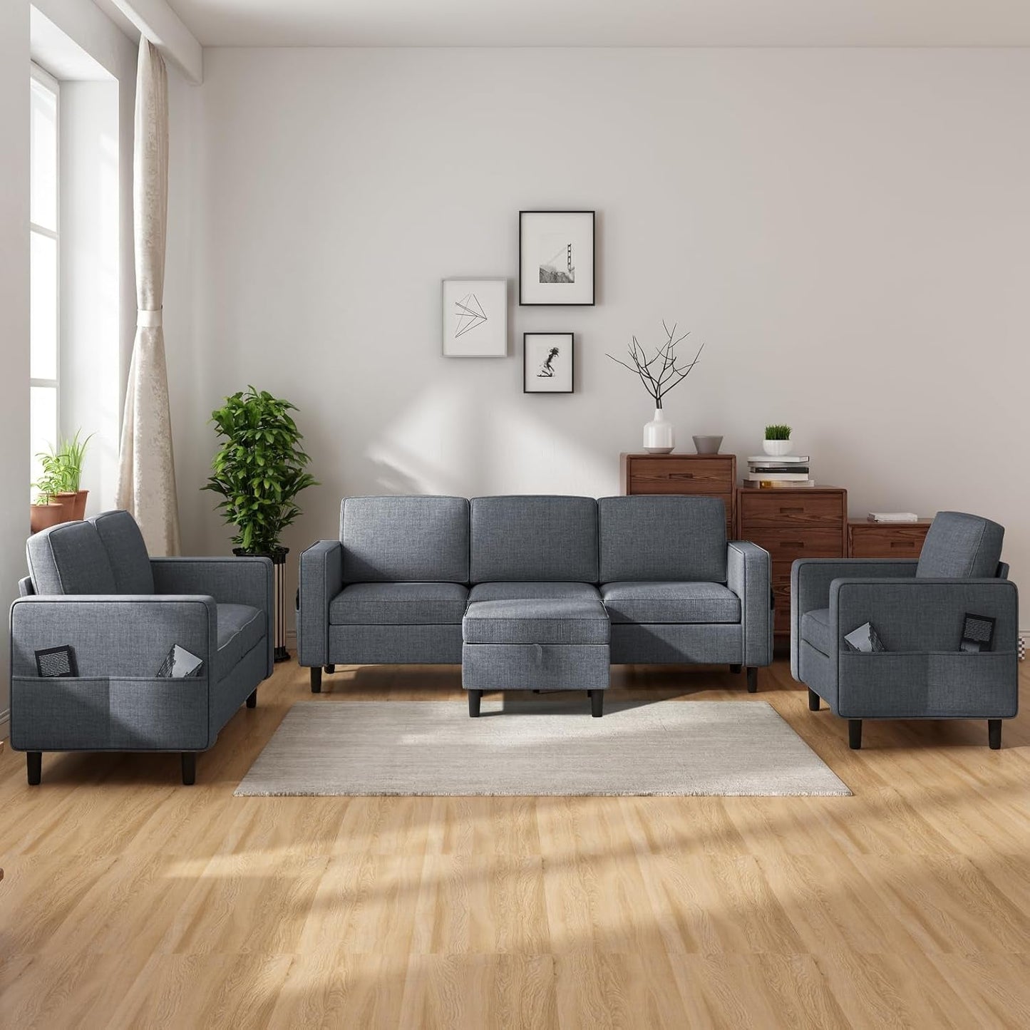 6 Seaters Sectional Upholstered Sofa, Linen Fabric Sofa Couch with Side Pockets, Free Combination Sofa Set with Movable Storage Ottoman, for Living Room-Sofa&Loveseat&Chair&Ottoman,Dark Grey-2