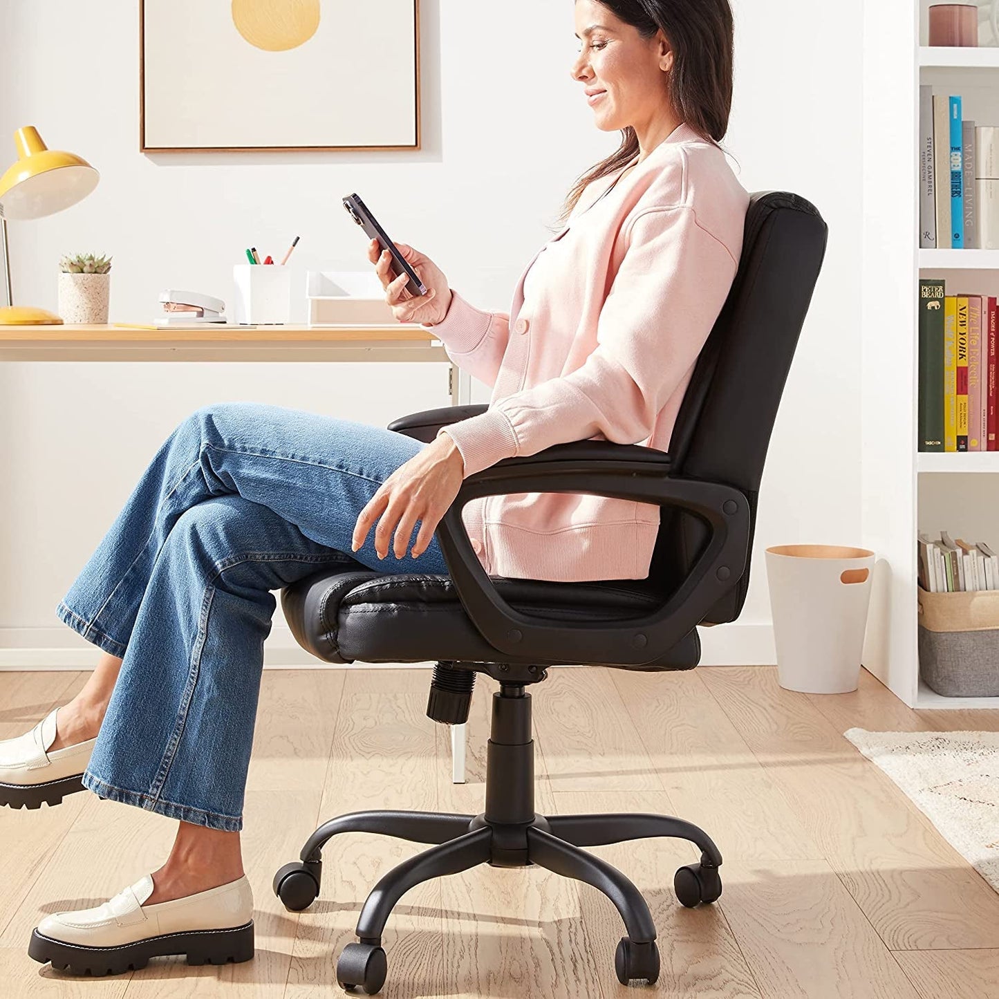 Classic Puresoft PU Padded Mid-Back Height Adjustable Office Computer Desk Chair with Armrest, 26"D X 23.75"W X 42"H, Black-1