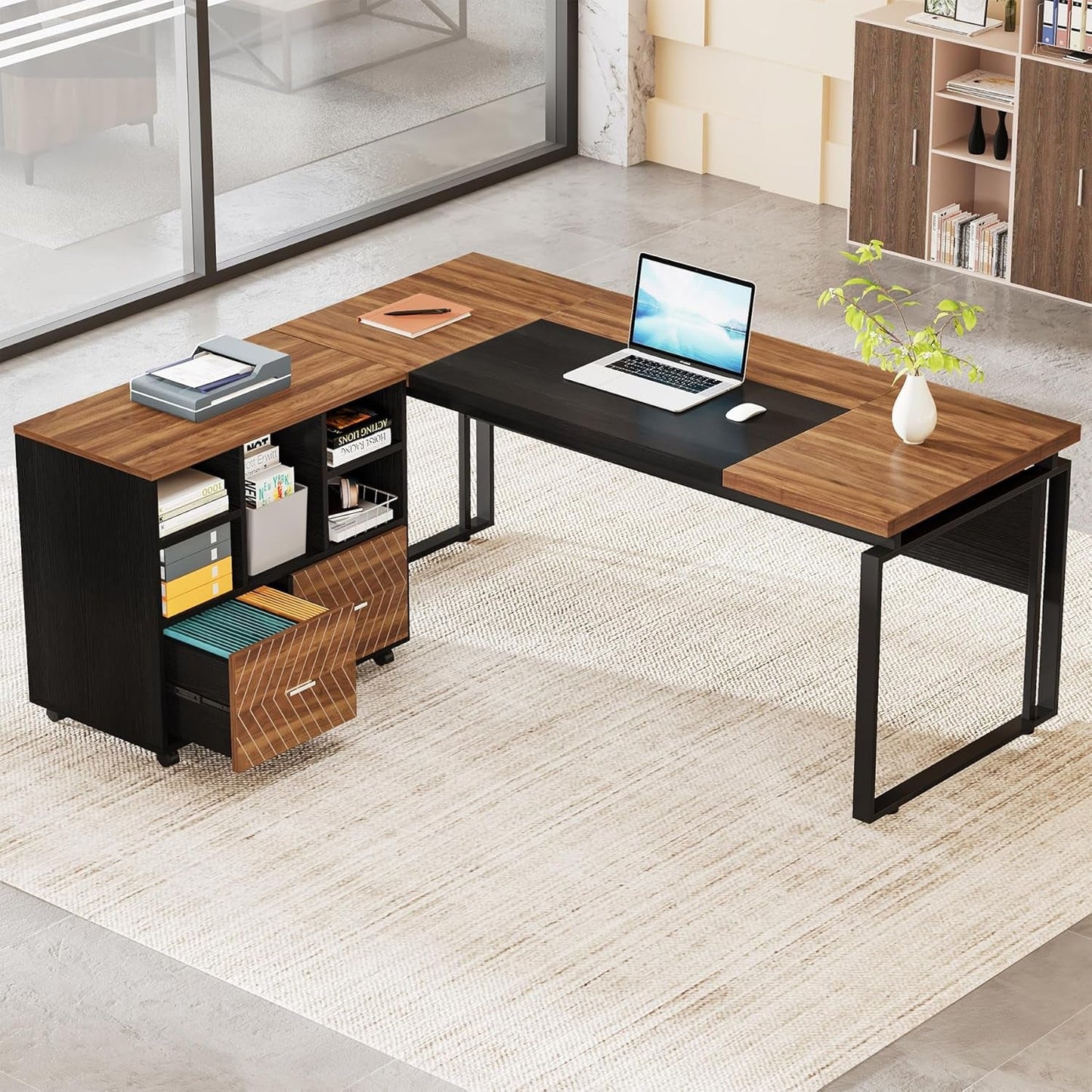 L-Shaped Executive Desk with Reversible File Cabinet, 63" Office Desk with Storage Drawers, L-Shaped Computer Desk with Drawer Cabinet for Hanging Letter Size Files (Walnut & Black)-2