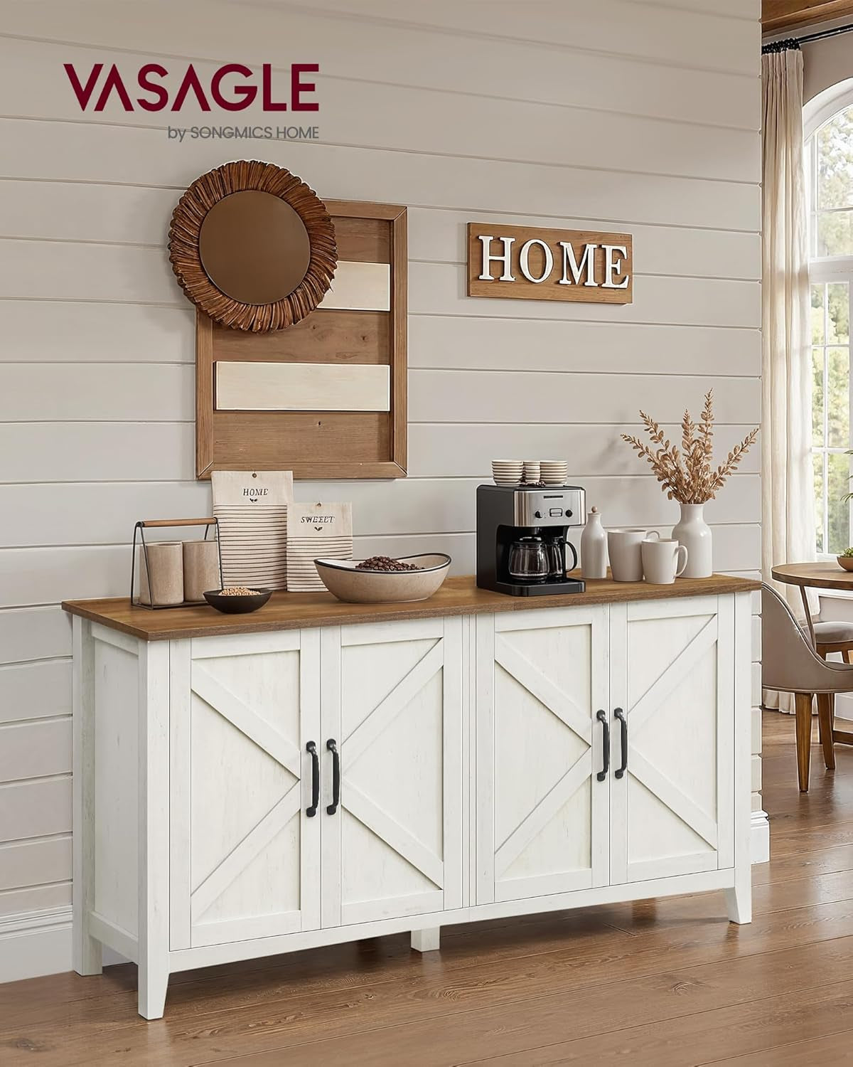 Rustic White Honey Brown Buffet Cabinet with Shelves-1