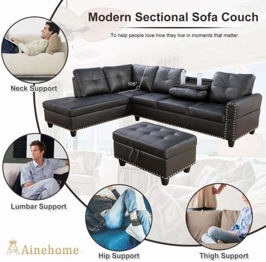 Sectional Couches for Living Room Furniture Sets,L-Shaped Couch W/Cup Holders,Faux Leather Nailhead Trim Sofas with Storage Ottoman and Chaise Lounge for Small Space Apartment-Gray-3