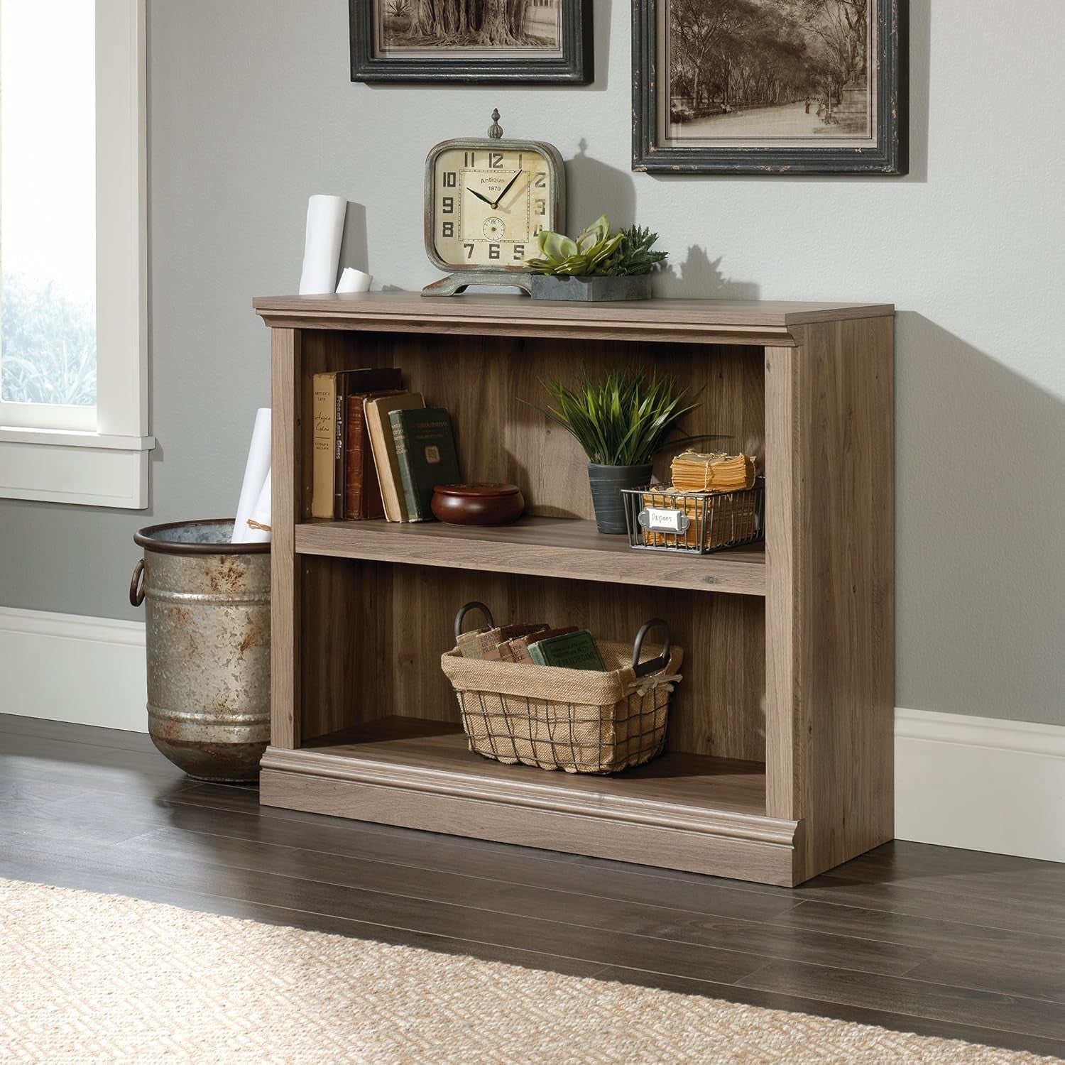 2 Tier Book Shelf Wooden Bookcase Multipurpose Bookshelf for Home Office, Living Room, in Salt Oak-1