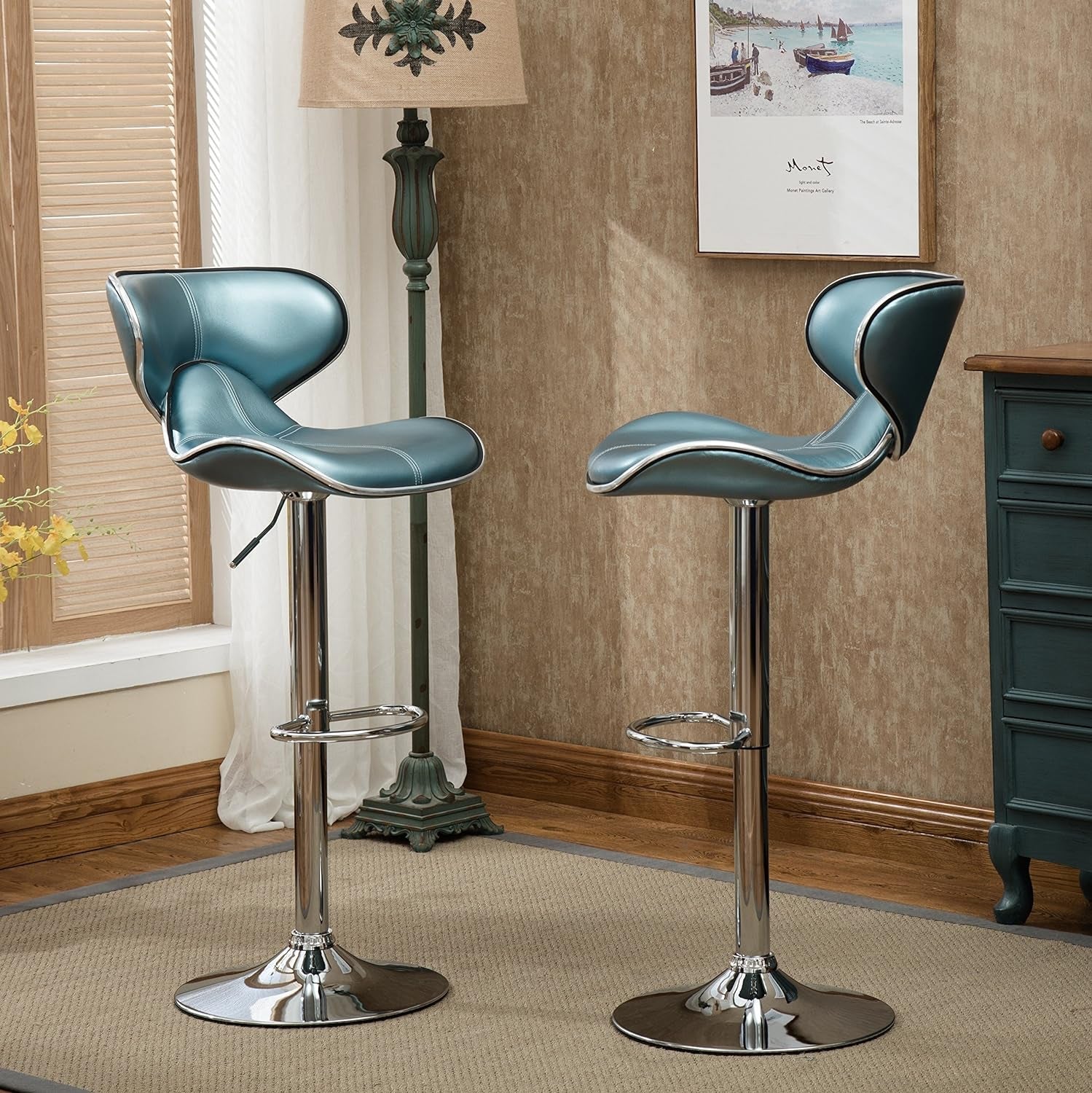Masaccio Cushioned Leatherette Upholstery Airlift Adjustable Swivel Barstool with Chrome Base, Set of 2, Blue-2