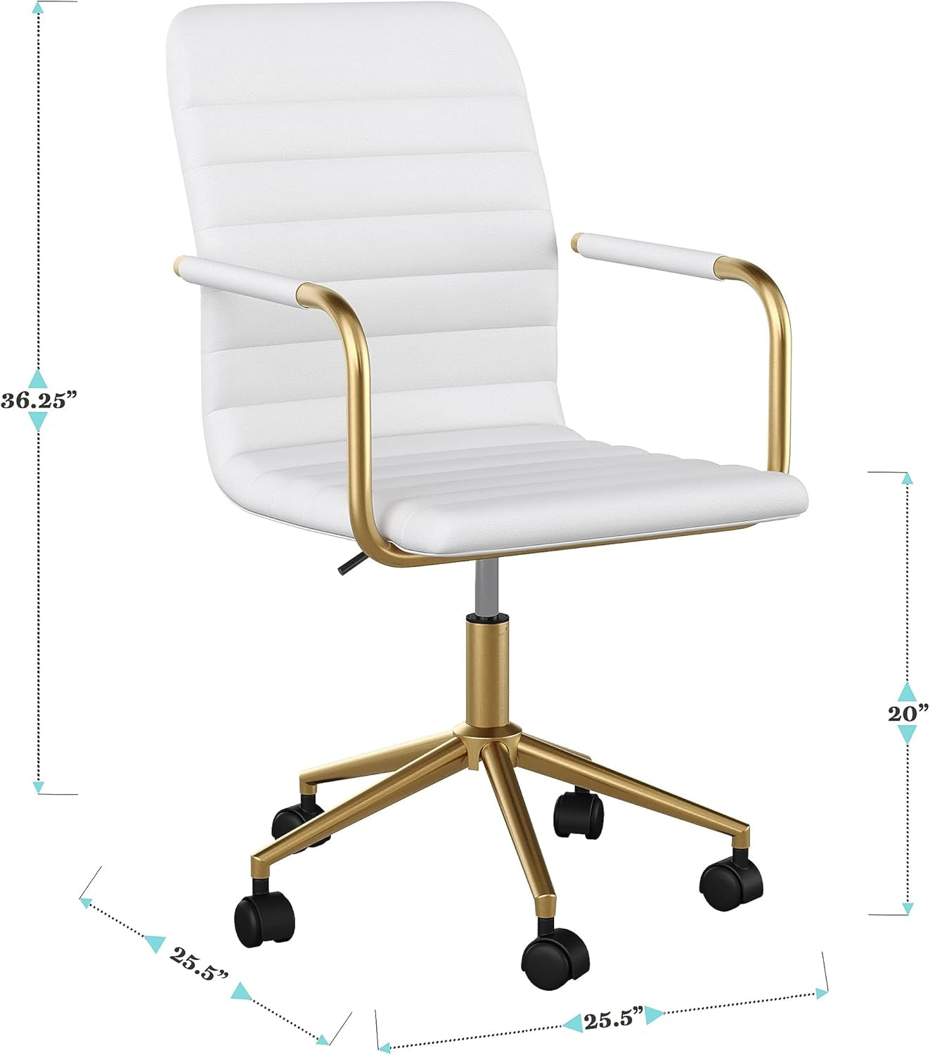 Taytum Swivel Task Chair with Armrests for Home Office in White Faux Leather with Polished Brass Frame-2