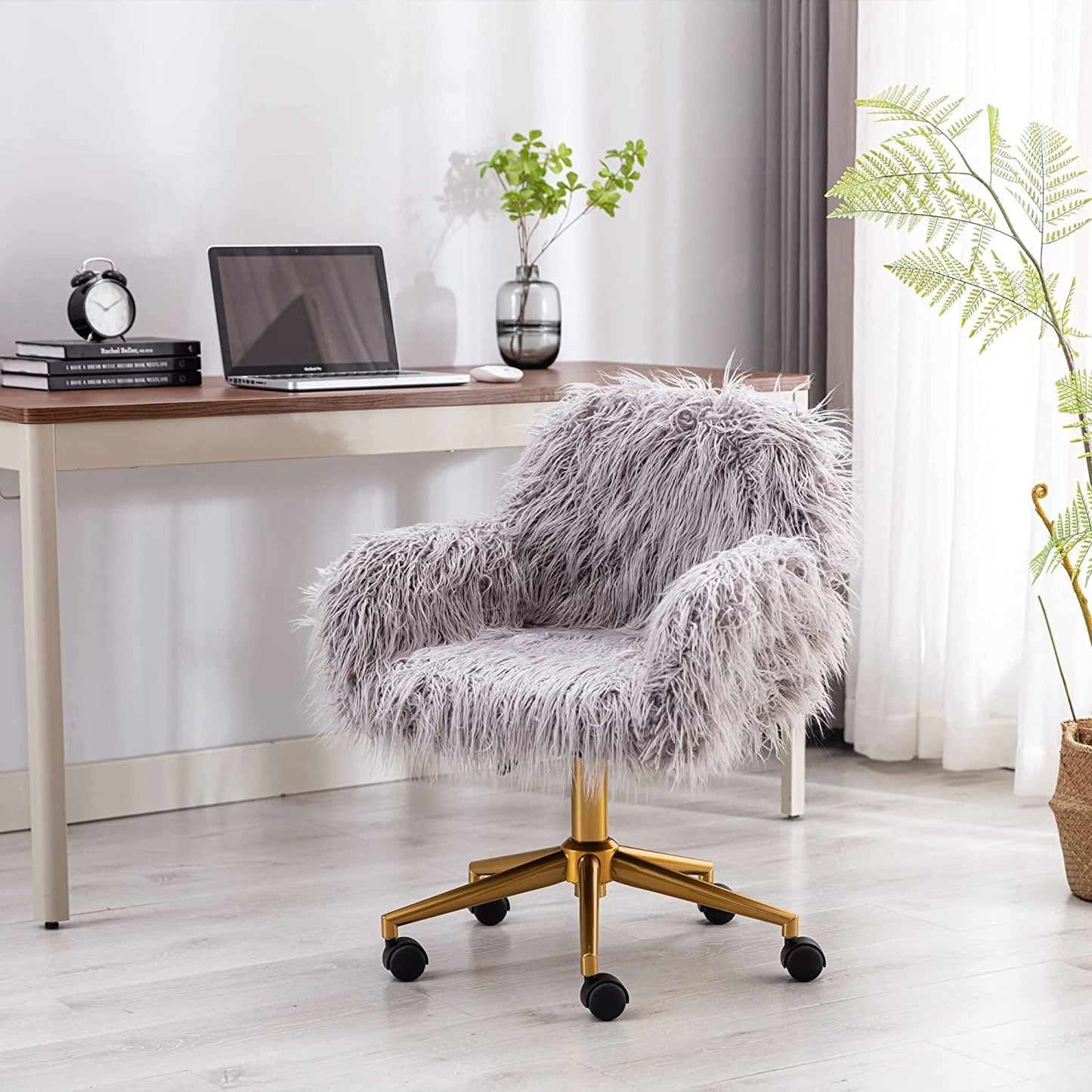 Gray Faux Fur Swivel Chair for Home Office-0