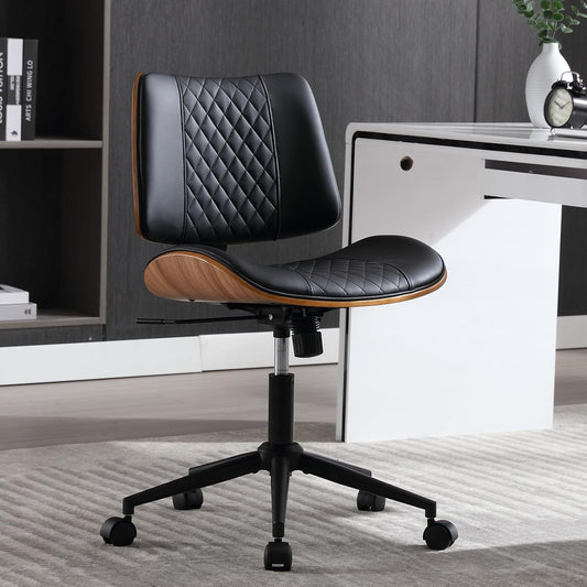 Home Office Chair No Arms with Wheels, Adjustable Height Small Desk Chair, PU Leather Mid Back 360 Swivel Computer Chair, Armless Modern Walnut Chair for Office, Reading Meeting Room(Black)-0
