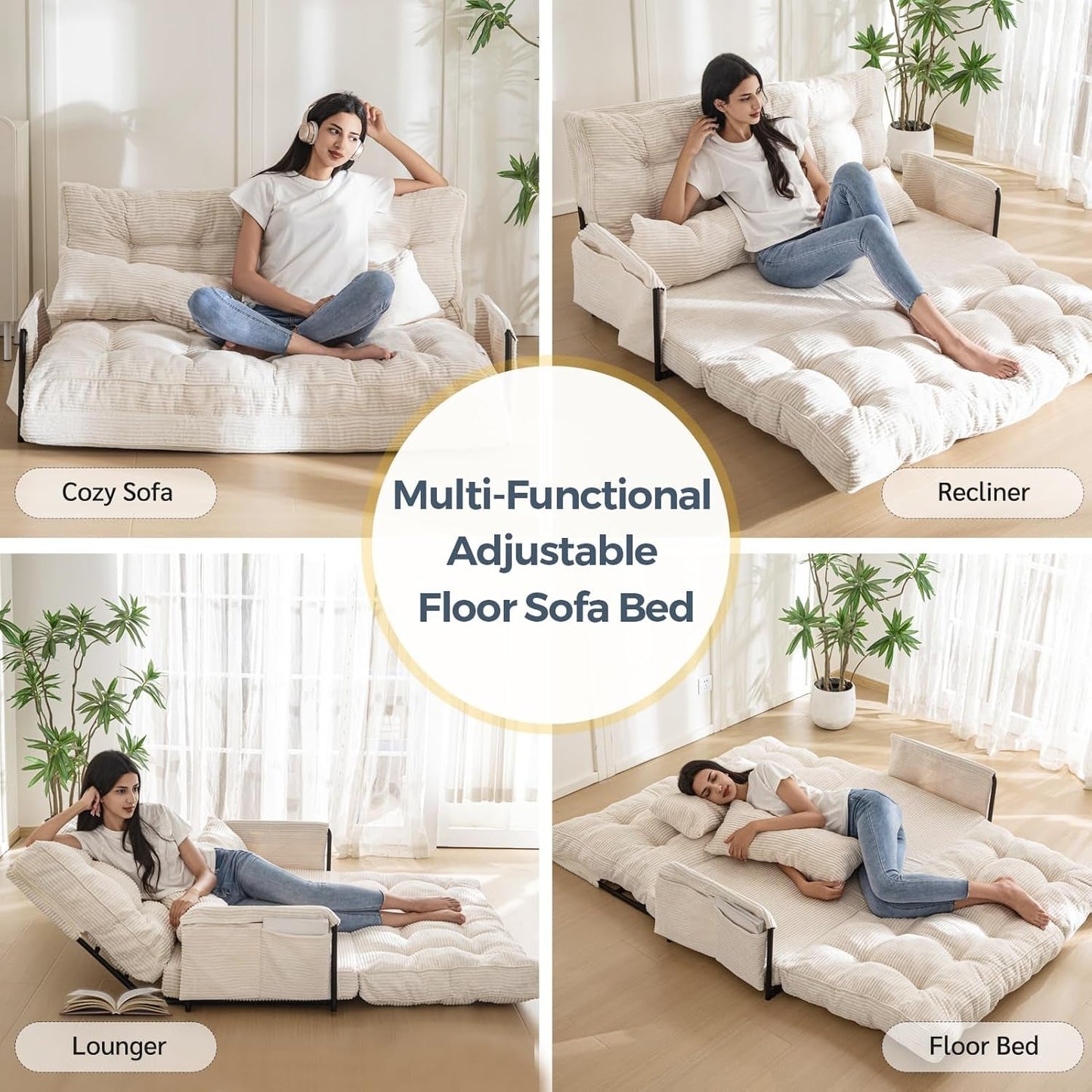 Adjustable Floor Sofa Couch with 2 Pillows, Multi-Functional Bean Bag Bed, 5-Position Foldable Lazy Sofa Sleeper Bed with Armrest Versatile Floor Seating Sofa for Reading Gaming, Beige, Double-4