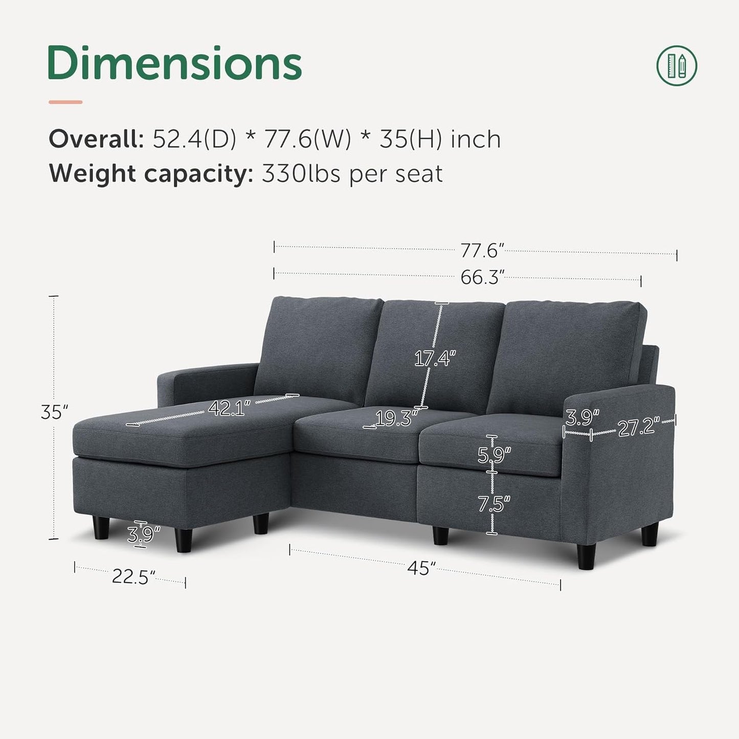 Dark Grey Convertible L-Shaped Sectional Sofa, Chaise-2