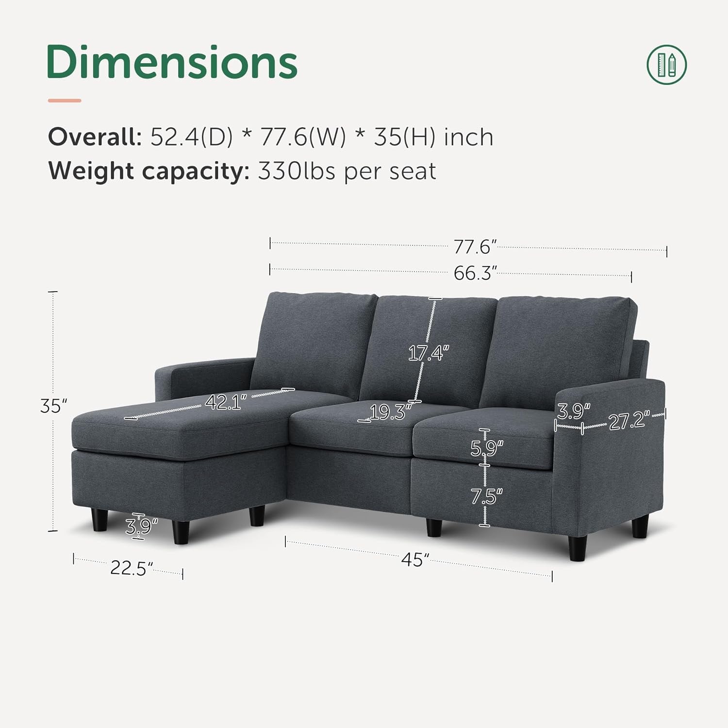 Dark Grey Convertible L-Shaped Sectional Sofa, Chaise-2
