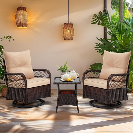 3 Piece Patio Set, Outdoor Swivel Rocker Patio Chairs with Thick Cushions and Glass Table for Balcony Front Porch Poolside Garden Deck, Beige-0