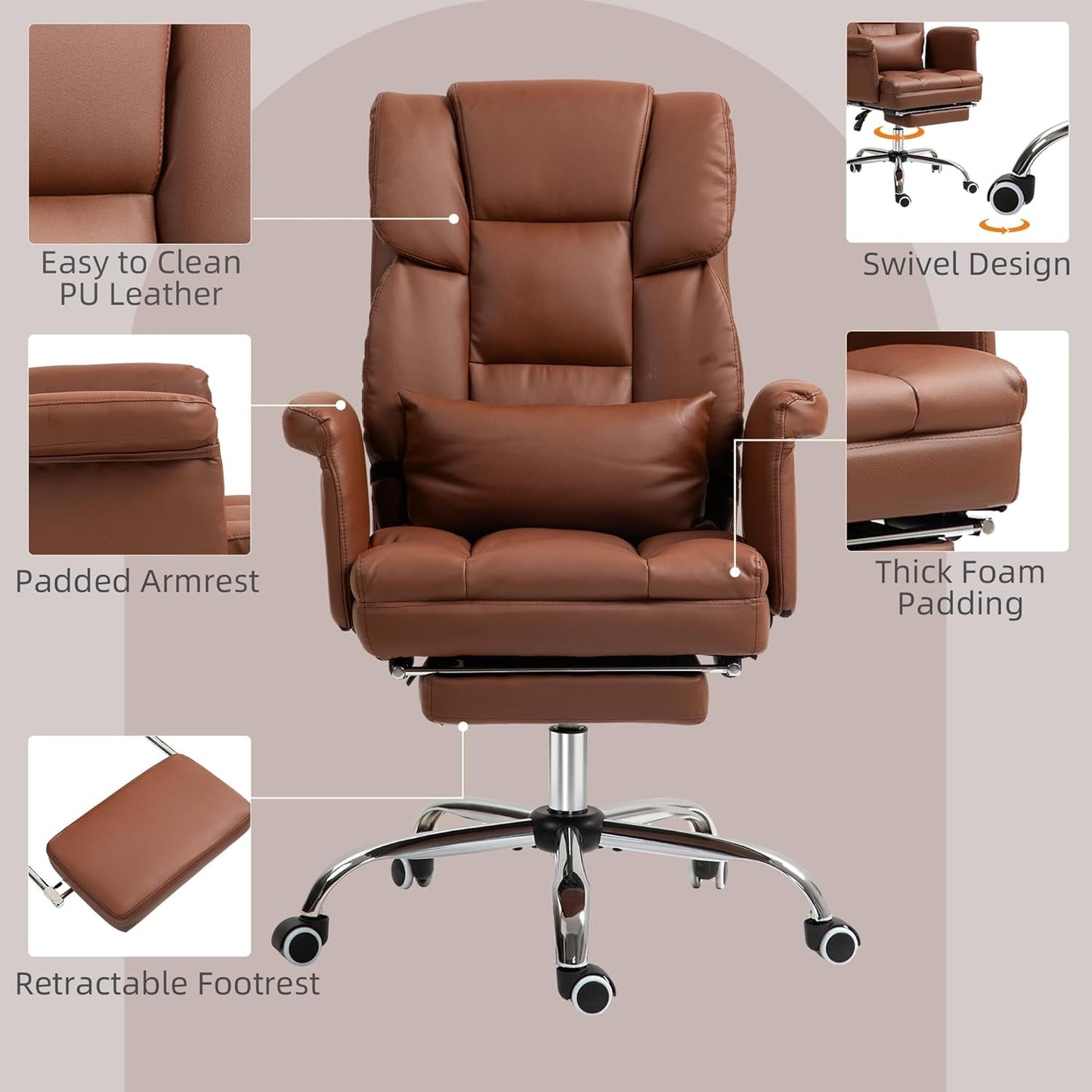 Executive Office Chair with Footrest and Lumbar Support, PU Leather Ergonomic Office Desk Chair, Reclining and Swivel Chair, Brown-4
