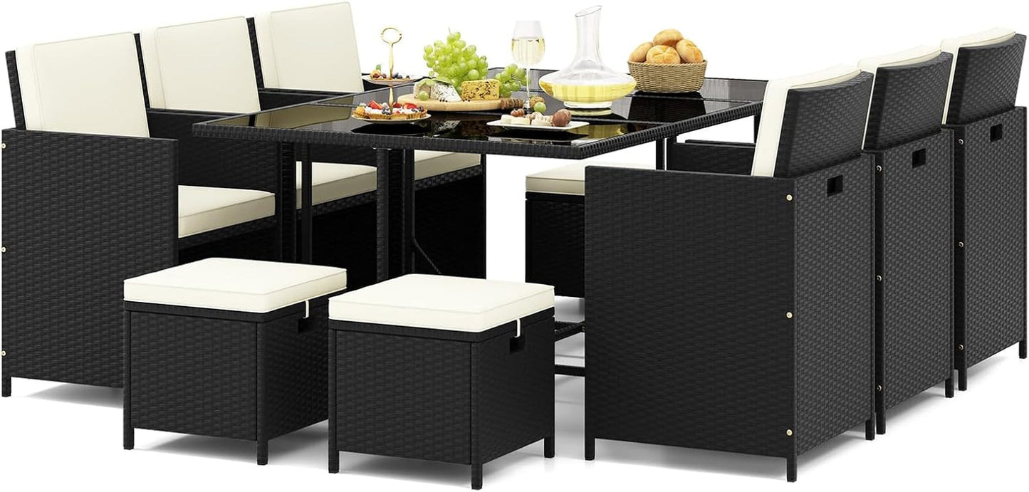 11 Pieces Patio Dining Set, Space-Saving Wicker Chairs & Tempered Glass Table with Ottomans, Thick Soft Cushions, Outdoor Conversation Furniture Set for Garden Yard Poolside-0