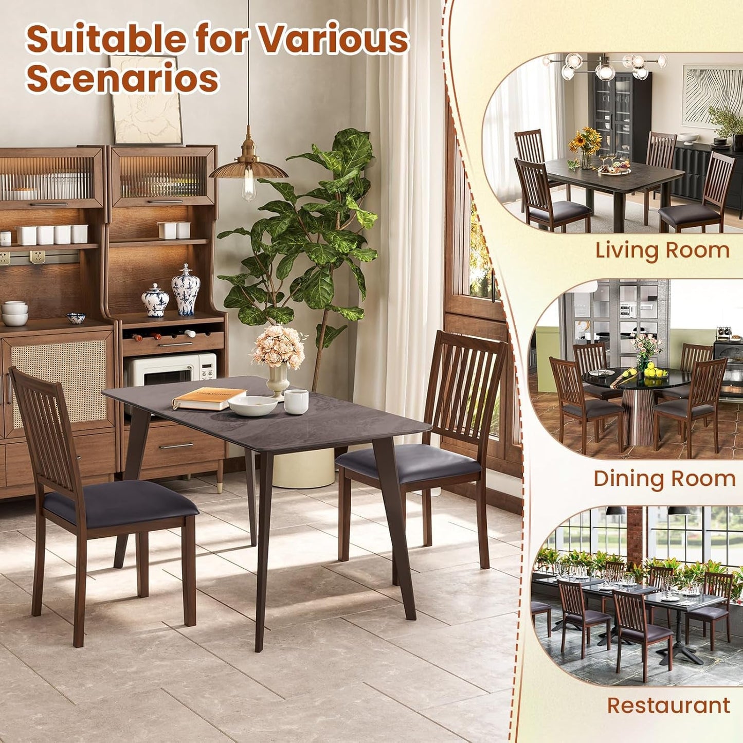 Wooden Dining Chairs Set of 2, Upholstered Kitchen Chairs W/Slat Back, Wear-Resistant PVC Leather, Rubber Wood Legs, Farmhouse Dining Side Chairs for Dining Room, Living Room, Espresso-4