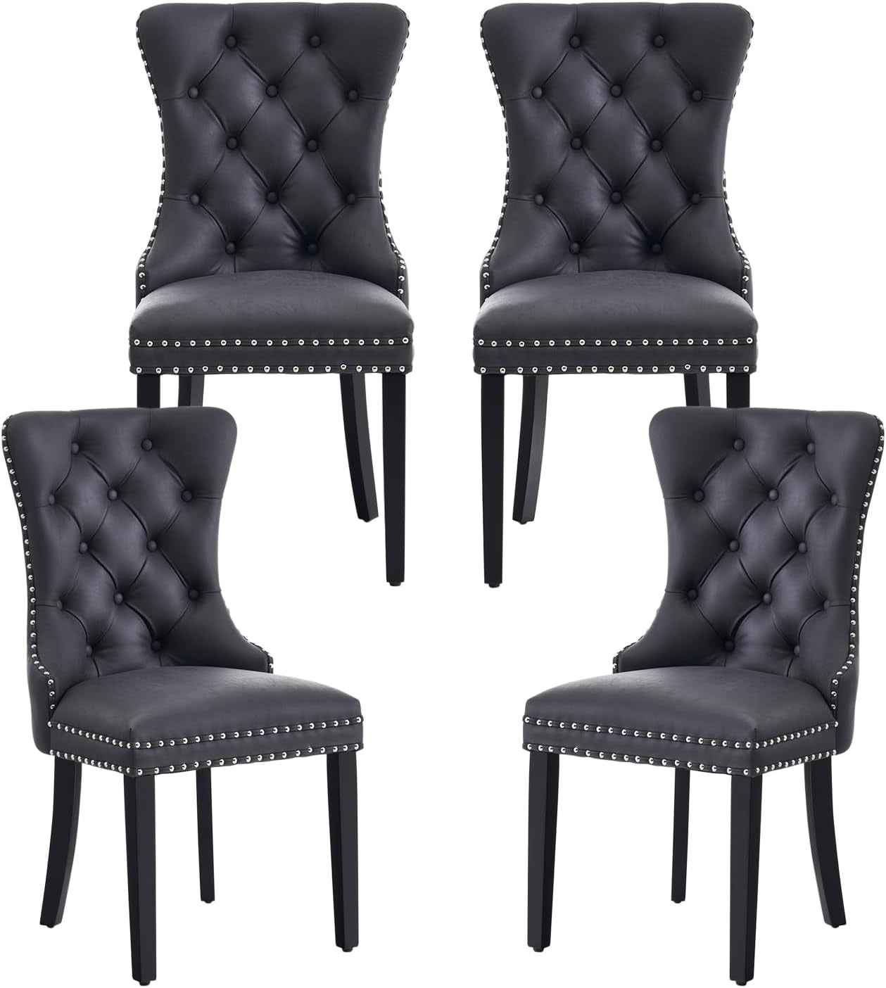 Leather Dining Chairs Set of 4, Upholstered Dining Chair with Nailhead Trim and Solid Wood Legs, Luxury Wingback Dining Side Chair for Living Room, Bedroom, Kitchen (Black)-0