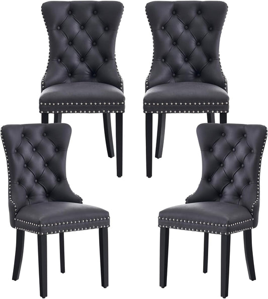 Leather Dining Chairs Set of 4, Upholstered Dining Chair with Nailhead Trim and Solid Wood Legs, Luxury Wingback Dining Side Chair for Living Room, Bedroom, Kitchen (Black)-0