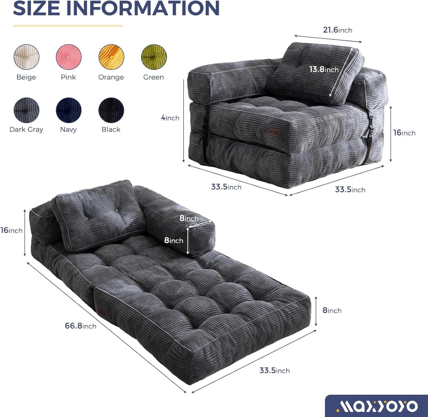 Folding Sofa Bed, L-Shaped Convertible Sofa Bed with Armrest Foldable Sleeper Sofa with Pillow, Portable Fold Out Chair Bed Comfy Floor Sofa Lounge for Living Room Bedroom, Dark Grey-1