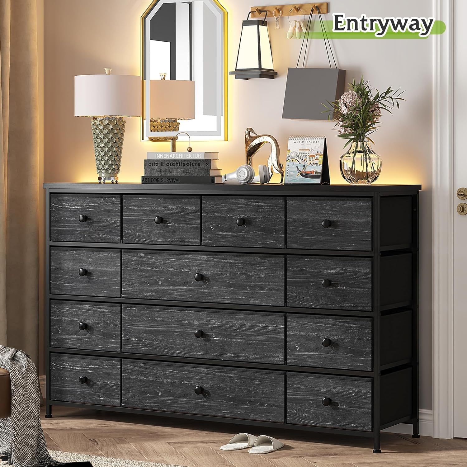 Black Dresser, Dresser for Bedroom with 13 Storage Drawers, Dressers & Chests of Drawers for 55" TV, Black Dresser for Bedroom, Long Dresser for Closet, Entryway-4