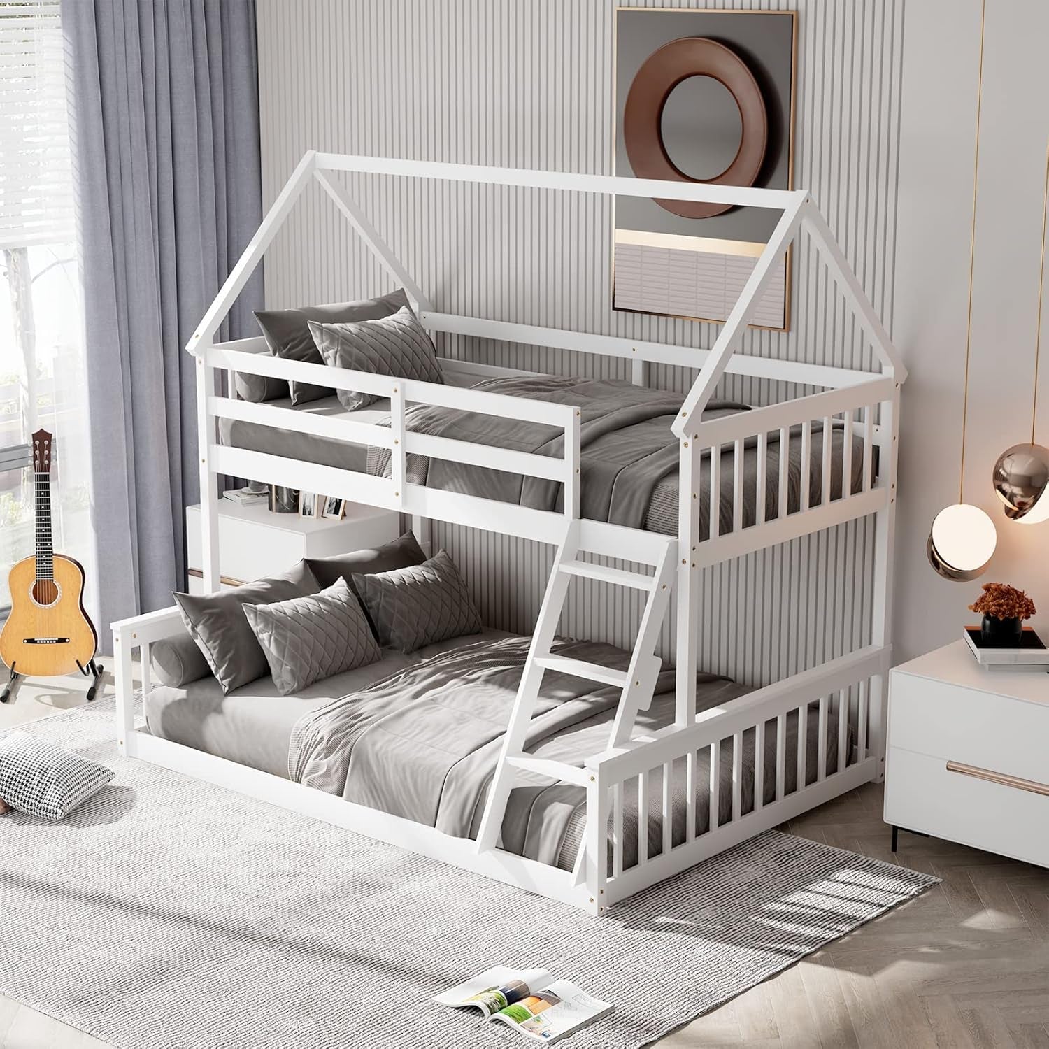 Wood Twin over Full Bunk Bed, Solid Wood House Bed Frame Built in Ladder & Safety Guardrails, Convertible to 2 Beds, Floor Bunk Bed for Kids Teens Juniors, No Box Spring Needed, White-3