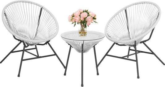 Acapulco Patio Bistro Set 3-Piece Outdoor Furniture Set All-Weather Woven Rope Patio Conversation Set with Glass Top Table and 2 Chairs (White)-0