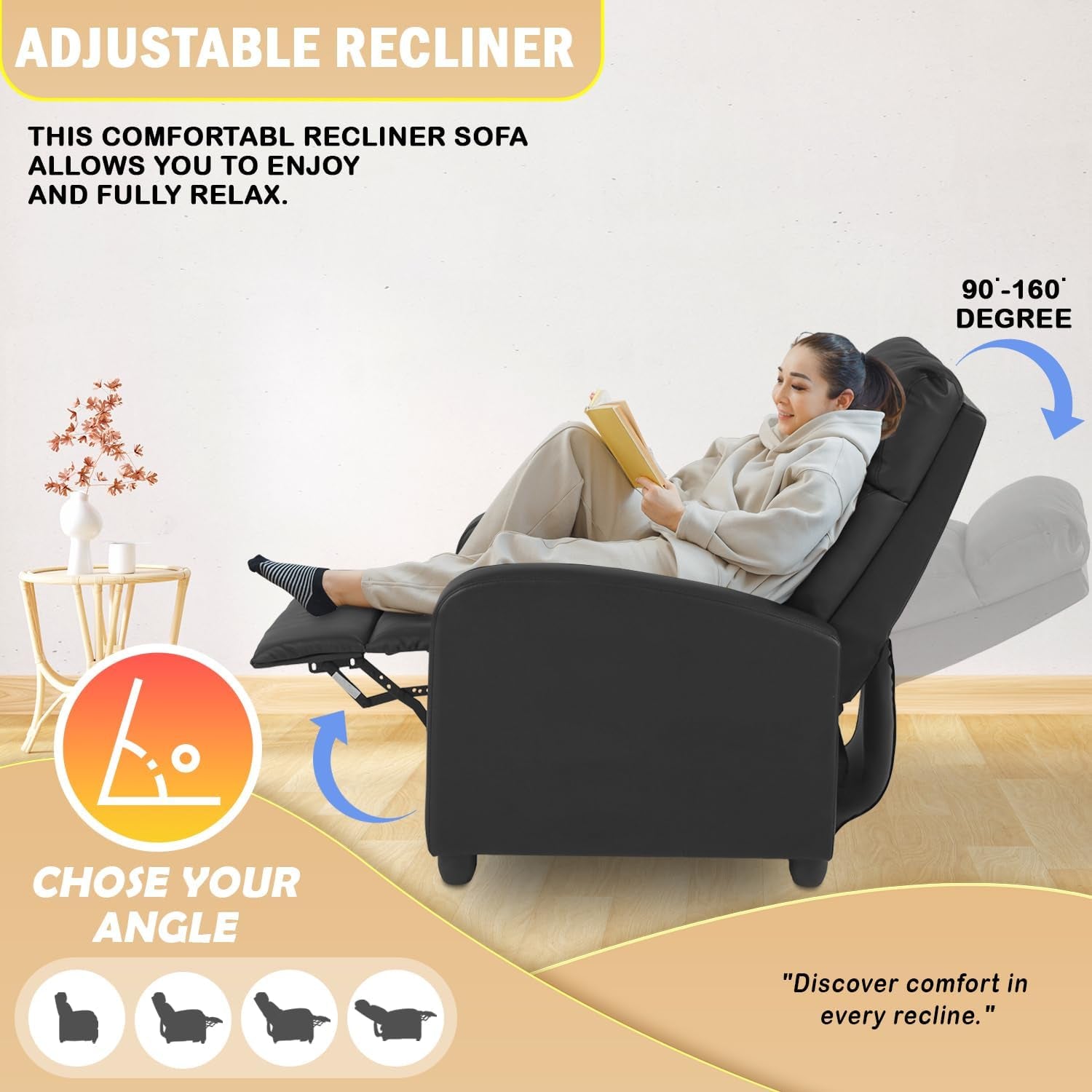 Recliner Chair Single Reclining Sofa Home Theater Seating with Lumbar Support and Padded Backrest for Living Room and Bedroom (Leather, Black)-4