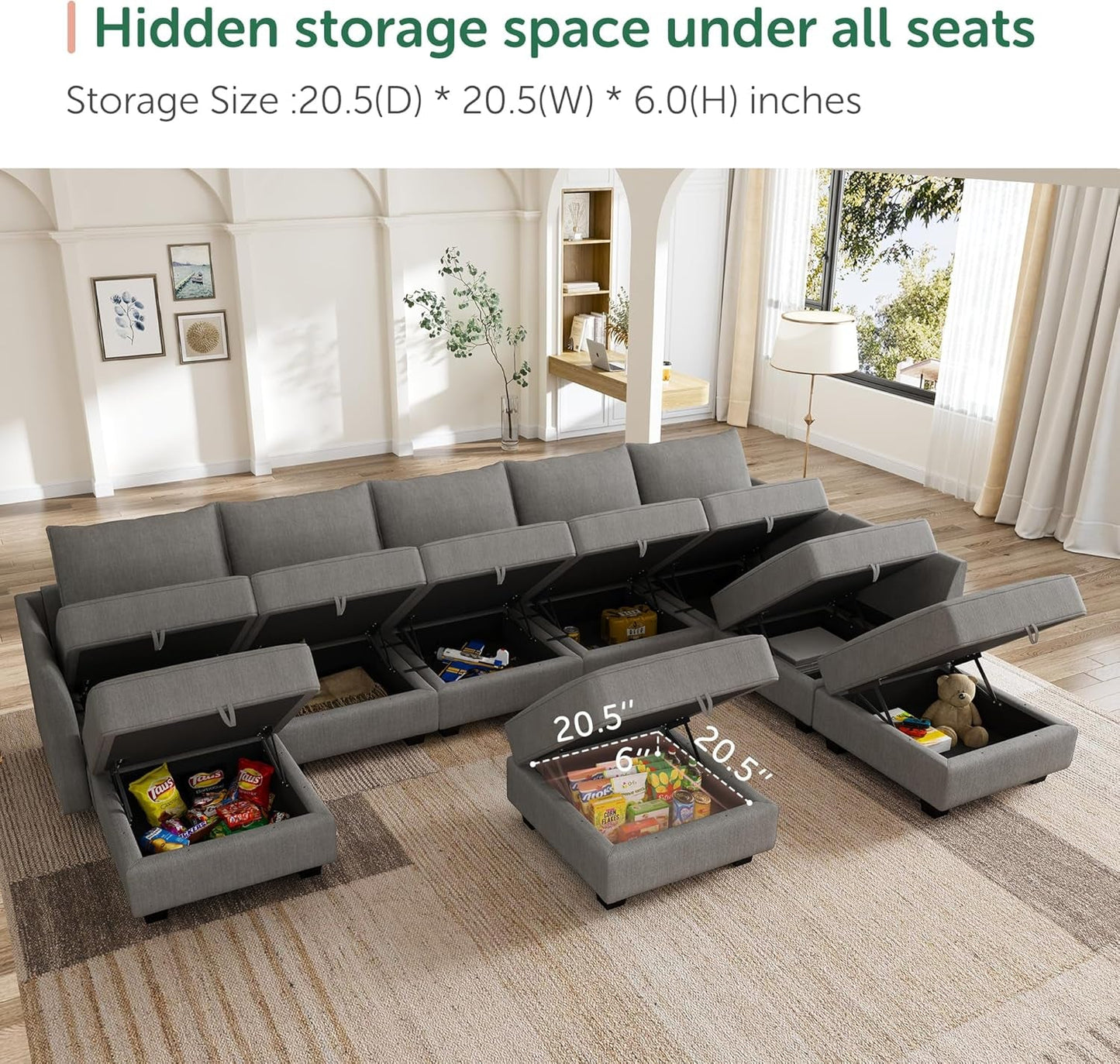 Oversized Modular Sectional Sofa with Storage Seats Reversible Sectional Couch with Ottomans U Shaped Modular Sectional Couch for Living Room, Grey-3