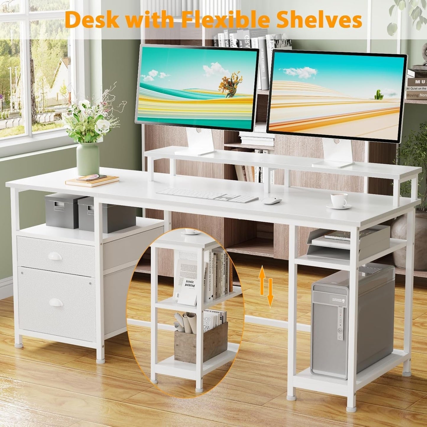 61'' Computer Desk with Fabric File Cabinet & Drawer, Reversible White Storage Shelf, Office Long Monitor Stand, Writting Workstation, for Home/Office/Bedroom, 61In NO Outlets-3