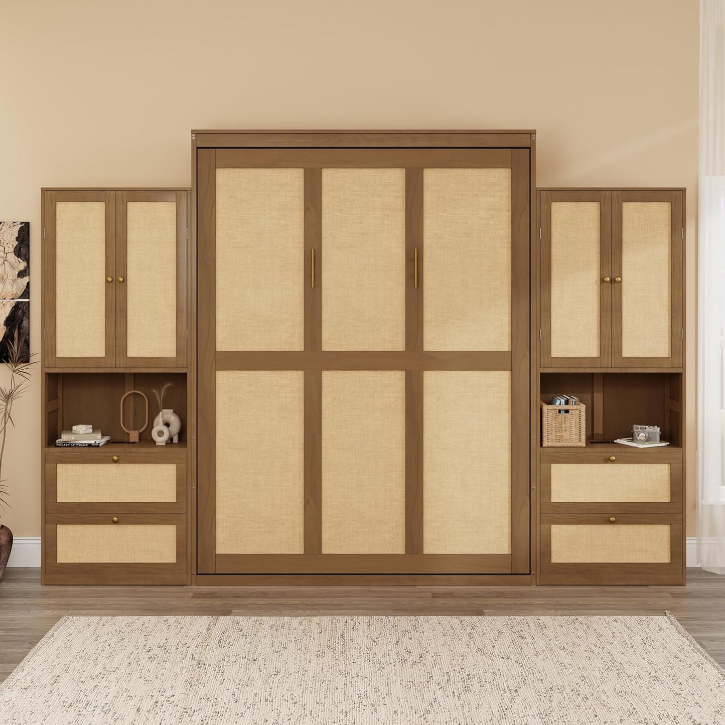 Queen Size Solid Wood Rattan Murphy Bed Cabinet-0
