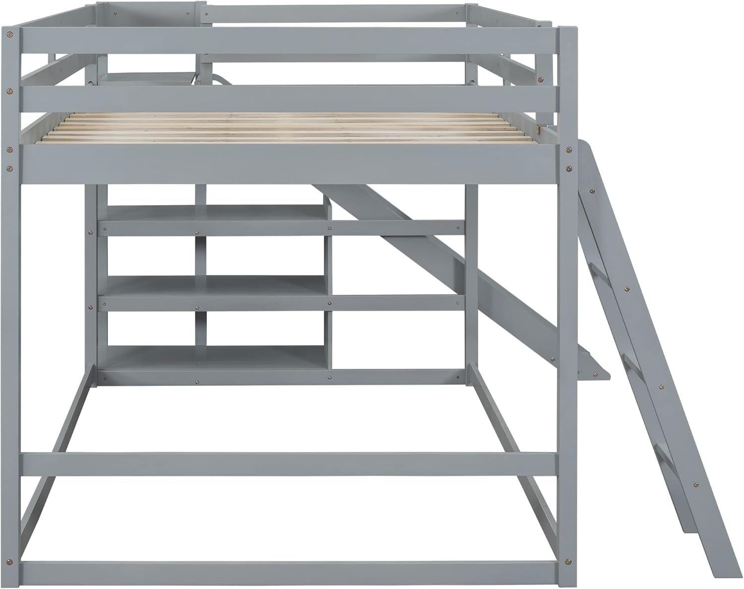 Full over Full Bunk Bed with Slide, Bookshelves and Ladders, Solid Wood Floor Bunk Loft Bed Frame for Kids Girls Boys (Gray)-4