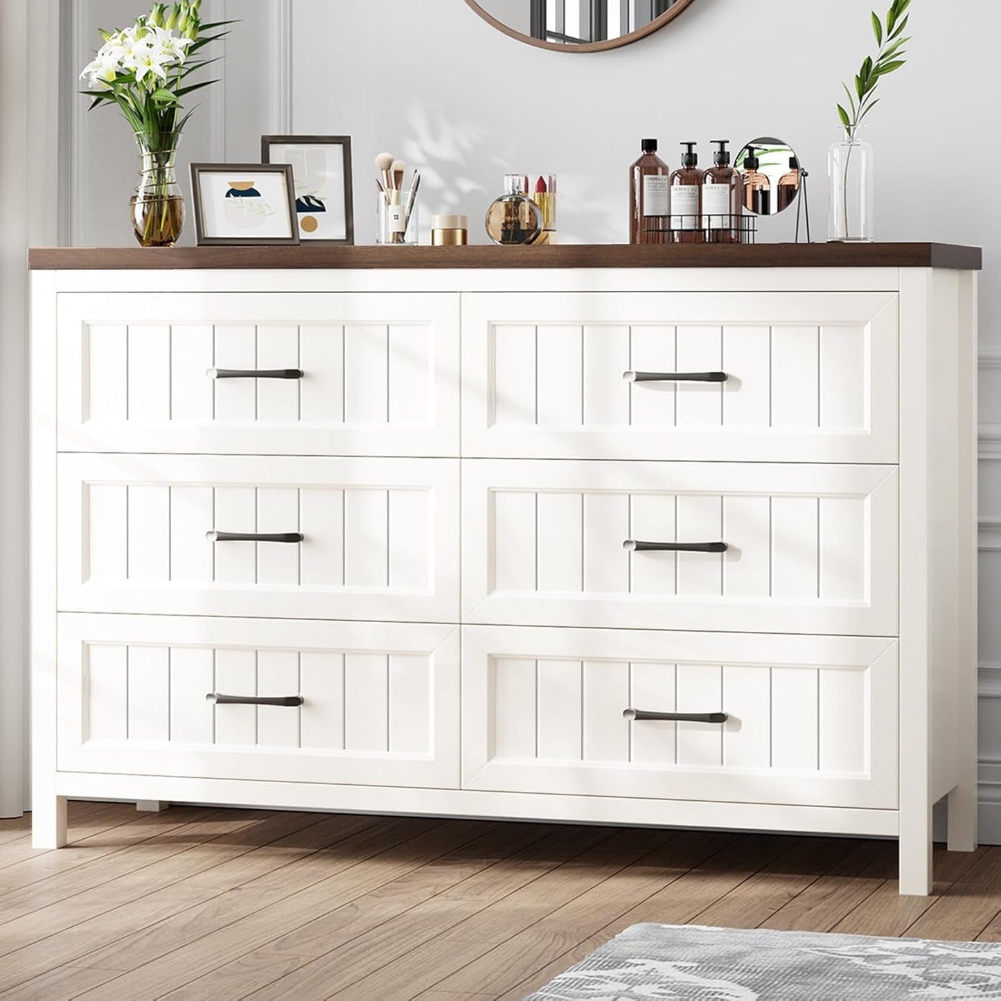 Farmhouse Dresser 6 Drawer Dresser for Bedroom, Large Wooden Dressers Double Grey Dresser with Deep Drawers Dressers for Hallway, Entryway (White and Brown)-0