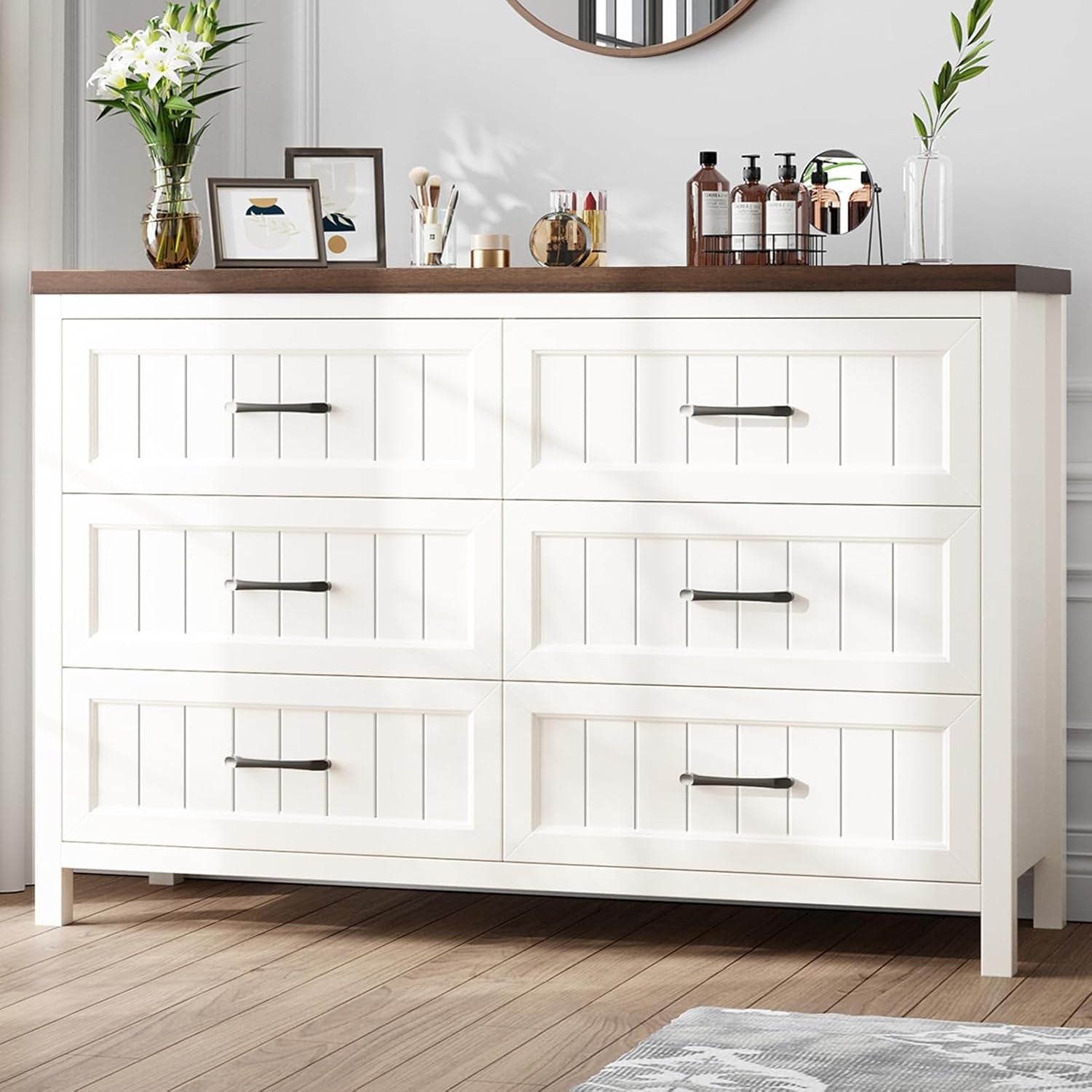 Farmhouse Dresser 6 Drawer Dresser for Bedroom, Large Wooden Dressers Double Grey Dresser with Deep Drawers Dressers for Hallway, Entryway (White and Brown)-0