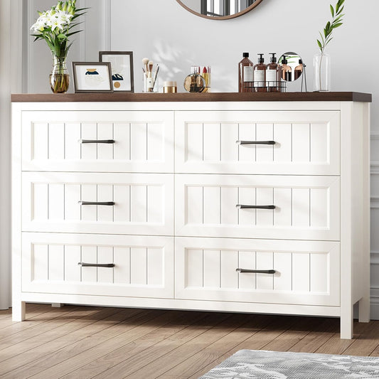 Farmhouse Dresser 6 Drawer Dresser for Bedroom, Large Wooden Dressers Double Grey Dresser with Deep Drawers Dressers for Hallway, Entryway (White and Brown)-0