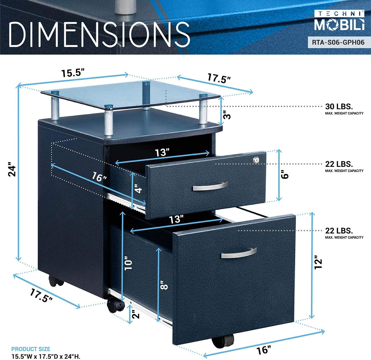 Rolling File Cabinet with Glass Top, Graphite-2