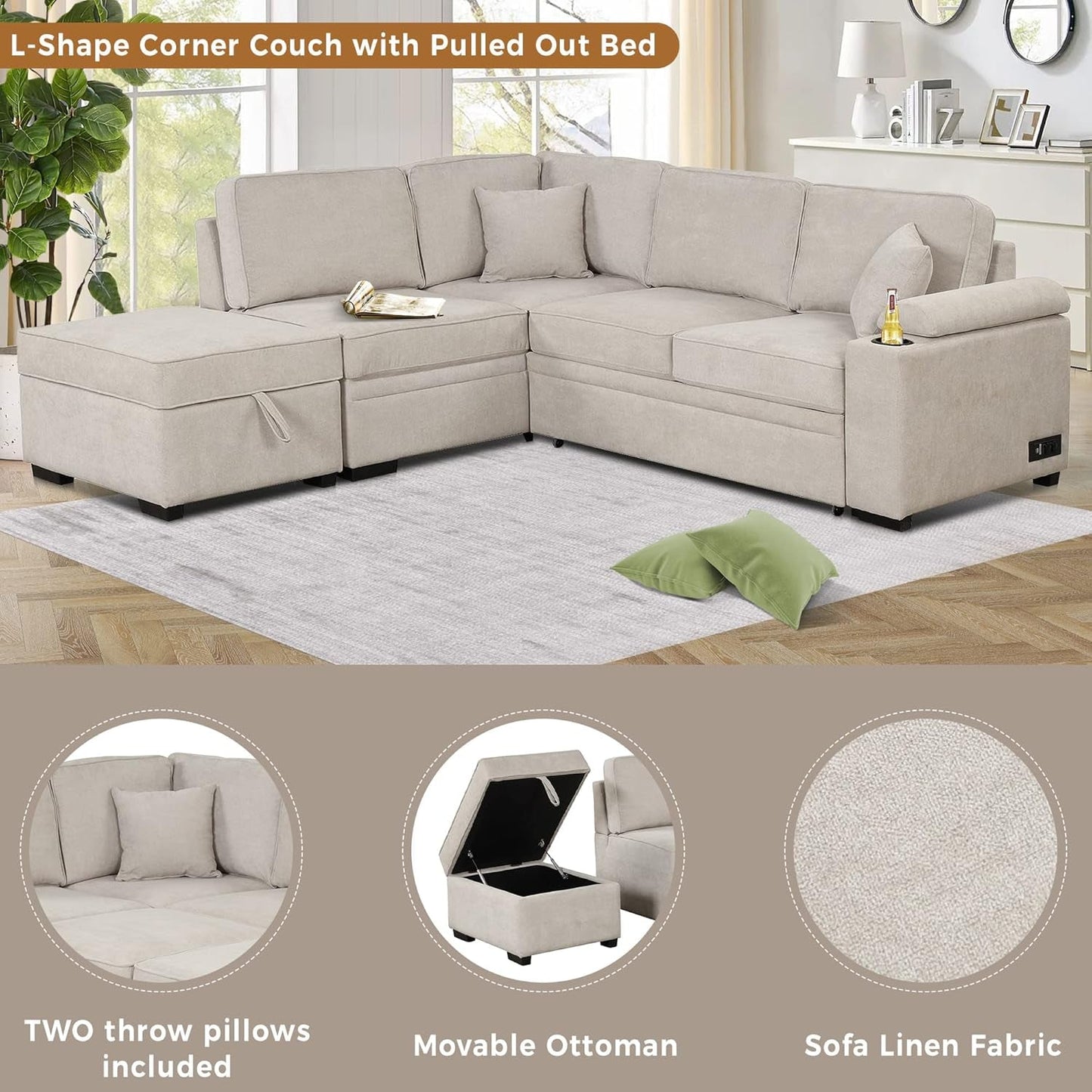 Beige Pull Out Sleeper Sofa Bed with Storage-2