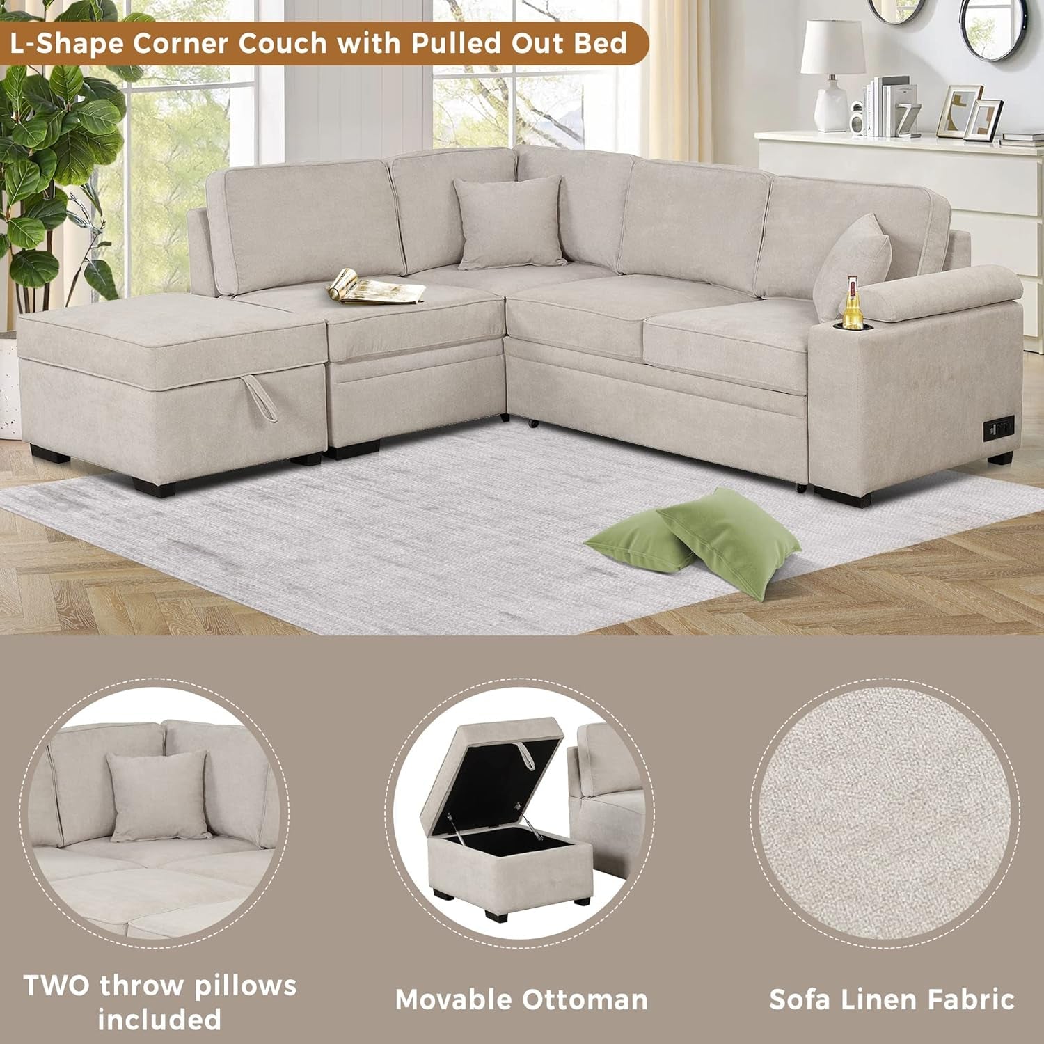 Beige Pull Out Sleeper Sofa Bed with Storage-2
