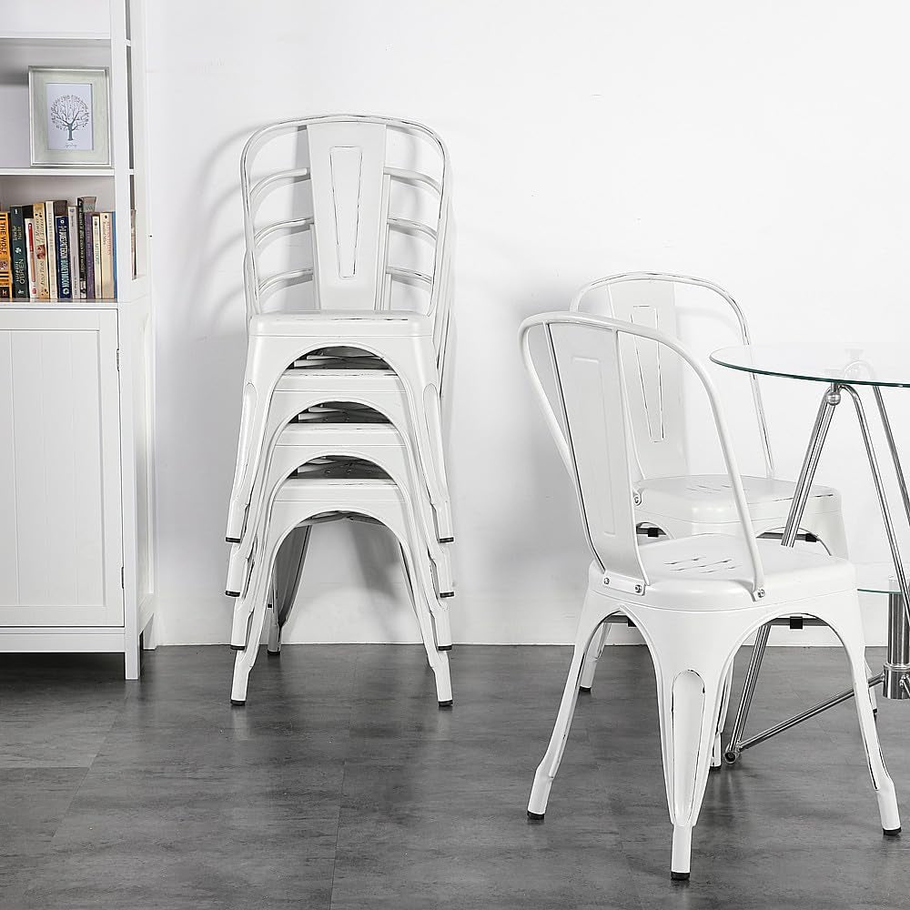 Metal Kitchen Dining Chairs Indoor-Outdoor Distressed Style Stackable Side Coffee Chairs in Distressed White, Set of 4-1