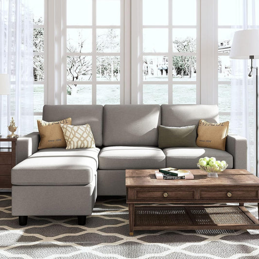 Light Grey Linen Convertible L-Shaped Sectional Sofa-1