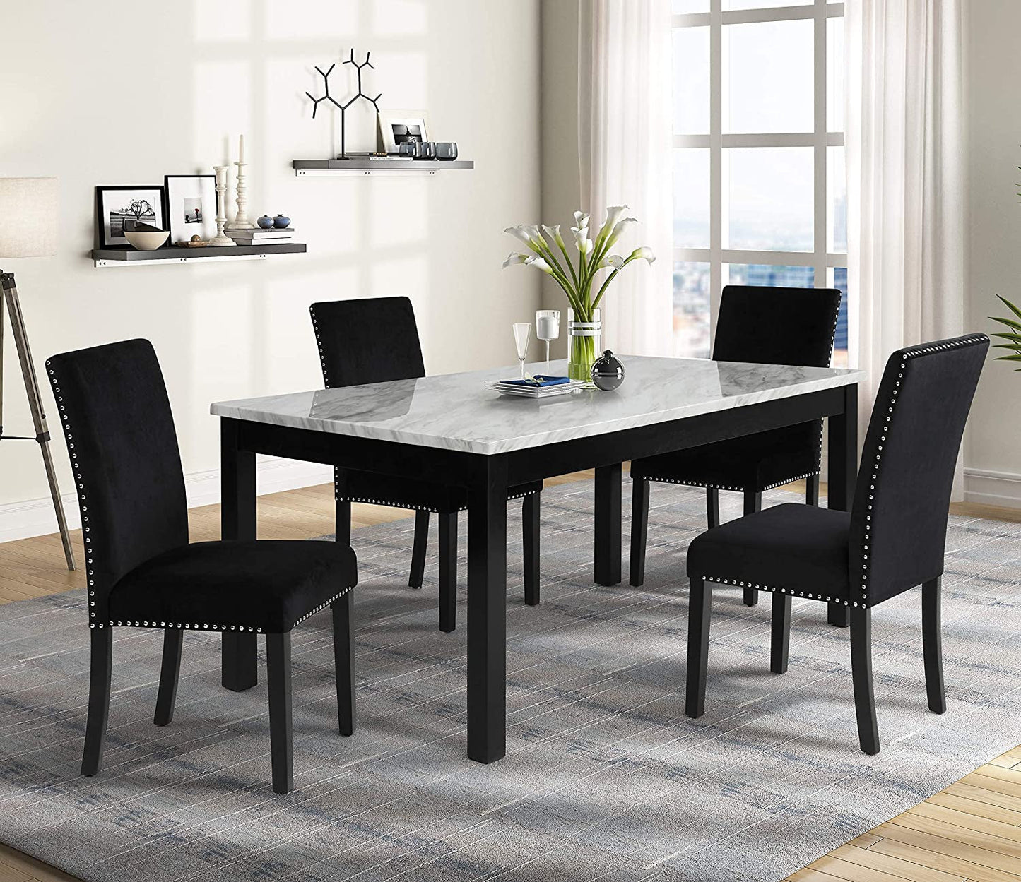 6-Person Dining Table with Faux Marble Top, Black Base-0